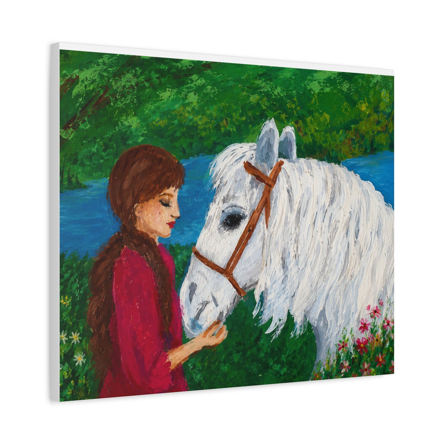 Serenity by the River — Woman with White Horse Stretched Wall Art