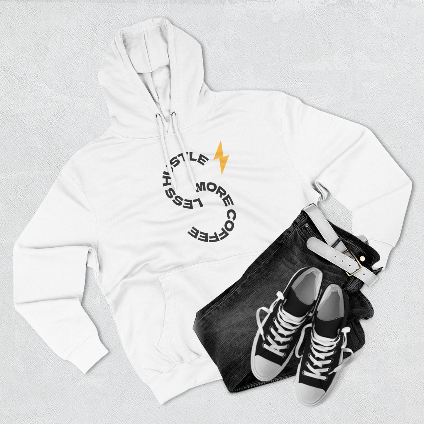 Hoodie — 'Hustle More, Coffee Less' Lightning Logo & Western Cowboy Back Print