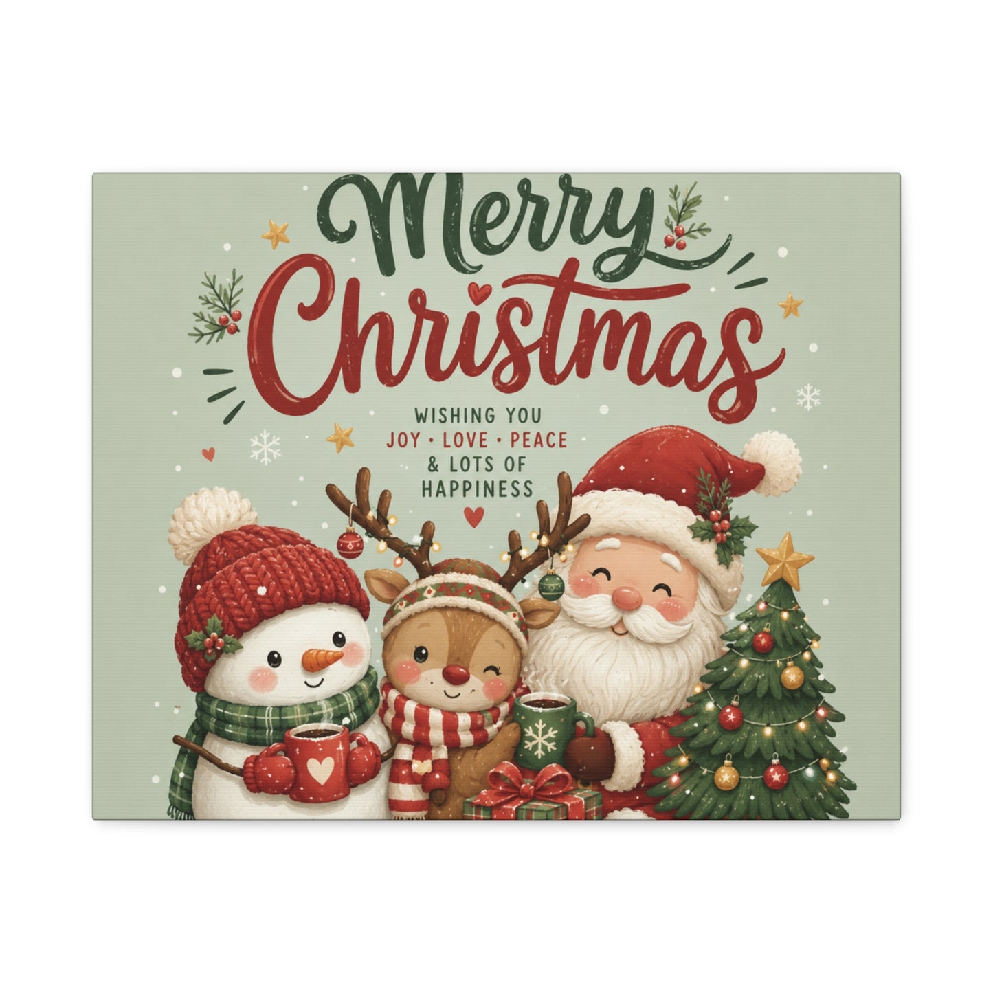 Merry Christmas Canvas Wall Art – Cute Santa, Snowman & Reindeer Holiday Print