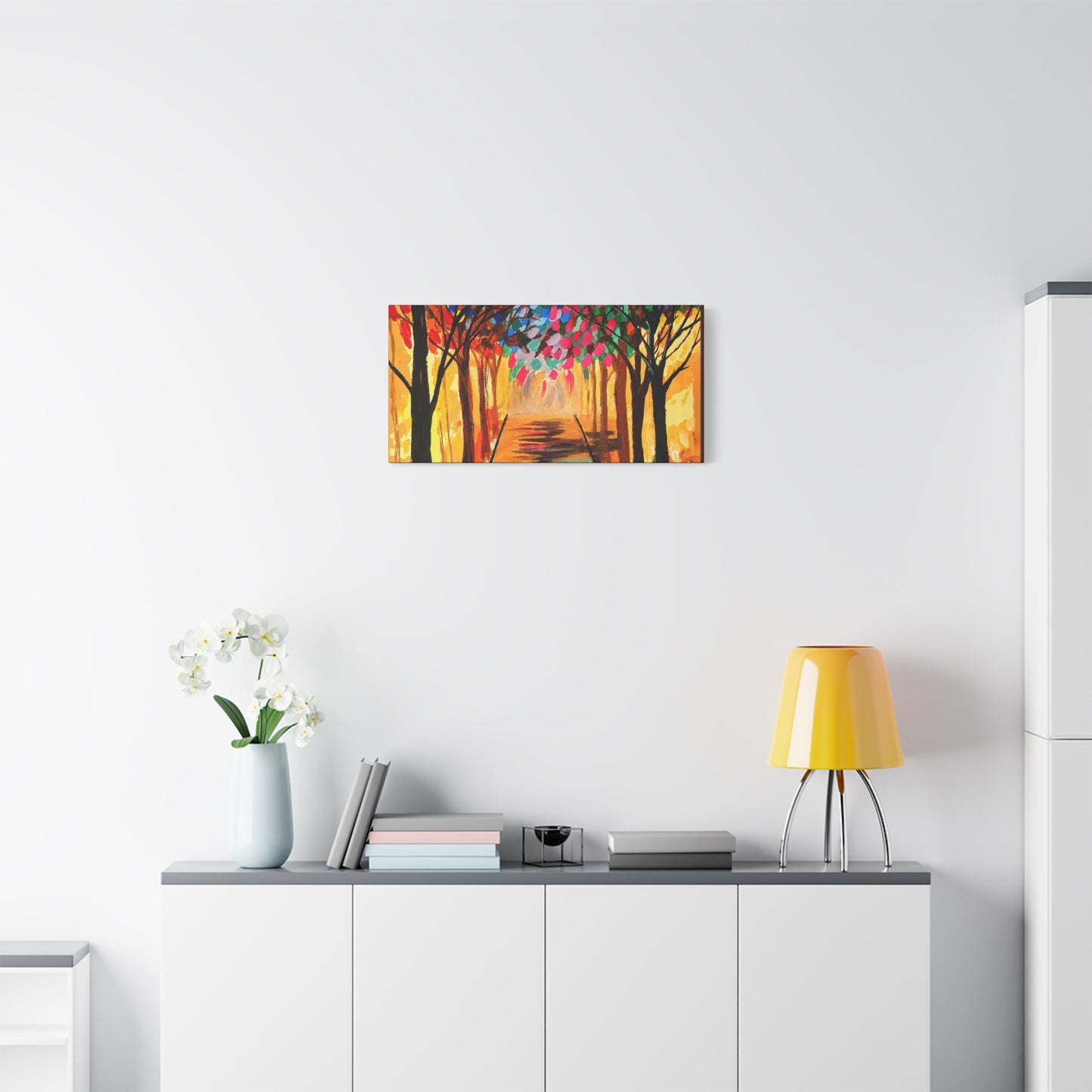 Colorful Tree Path Matte Canvas Print — Vibrant Autumn Forest Wall Art