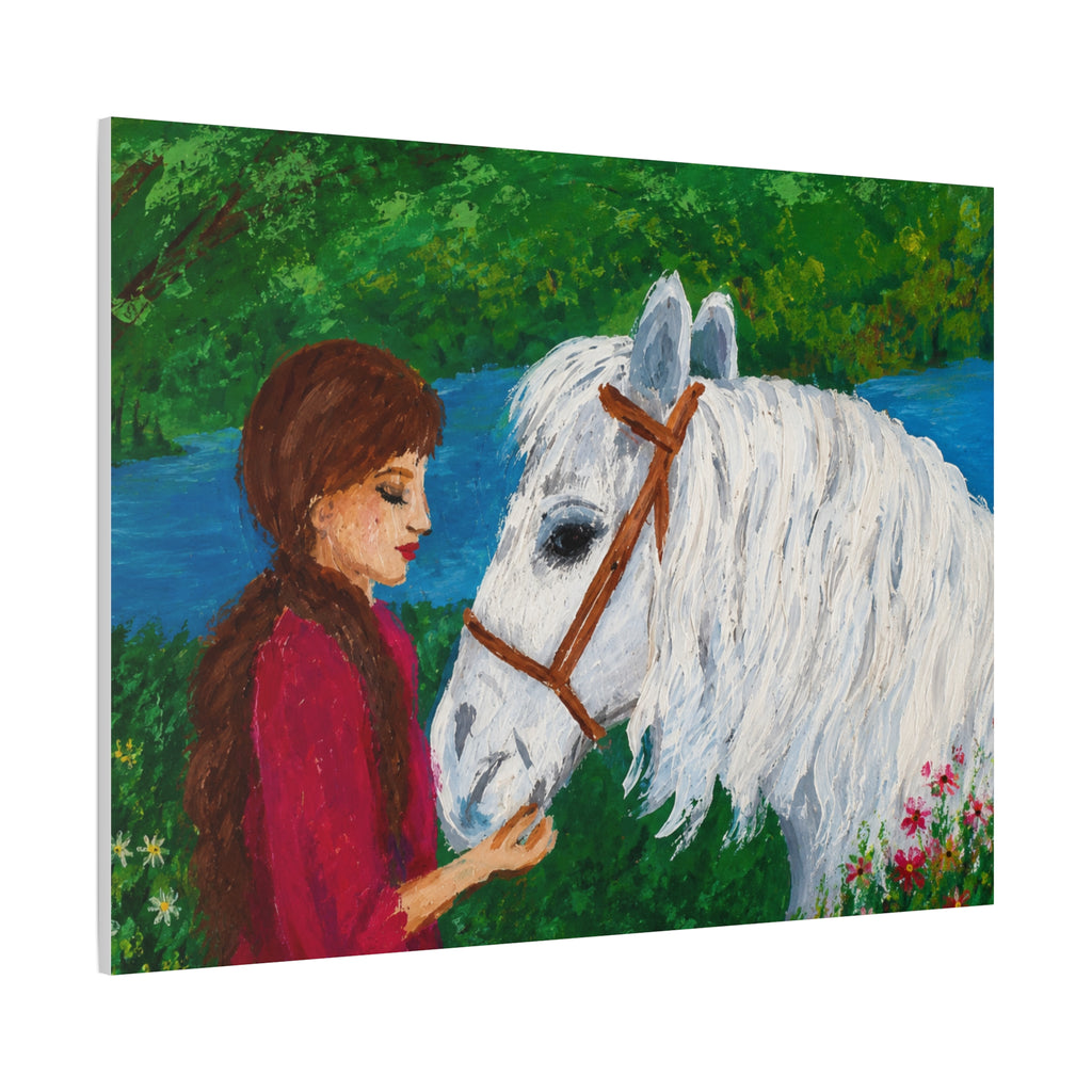 Serenity by the River — Woman with White Horse Stretched Wall Art