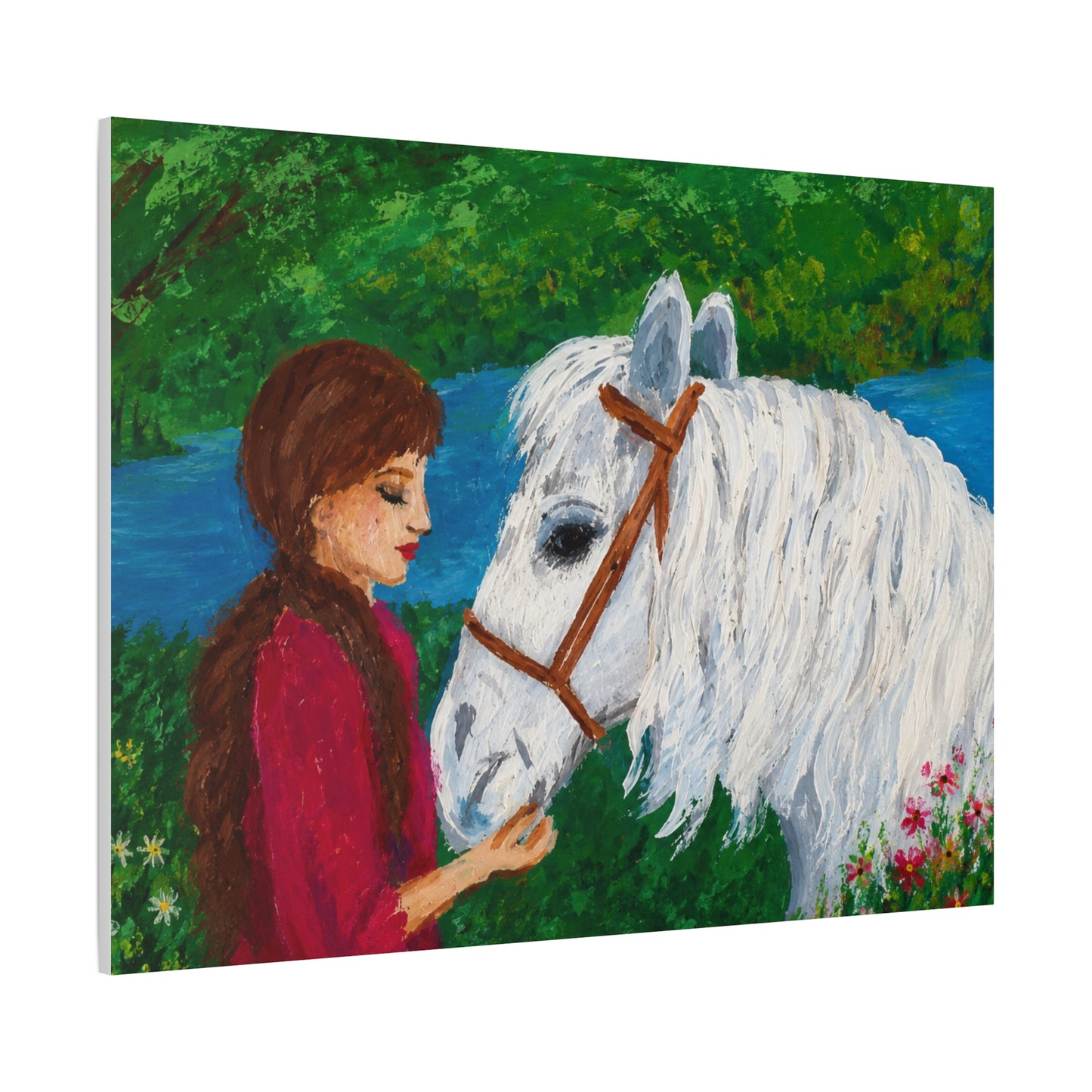 Serenity by the River — Woman with White Horse Stretched Wall Art