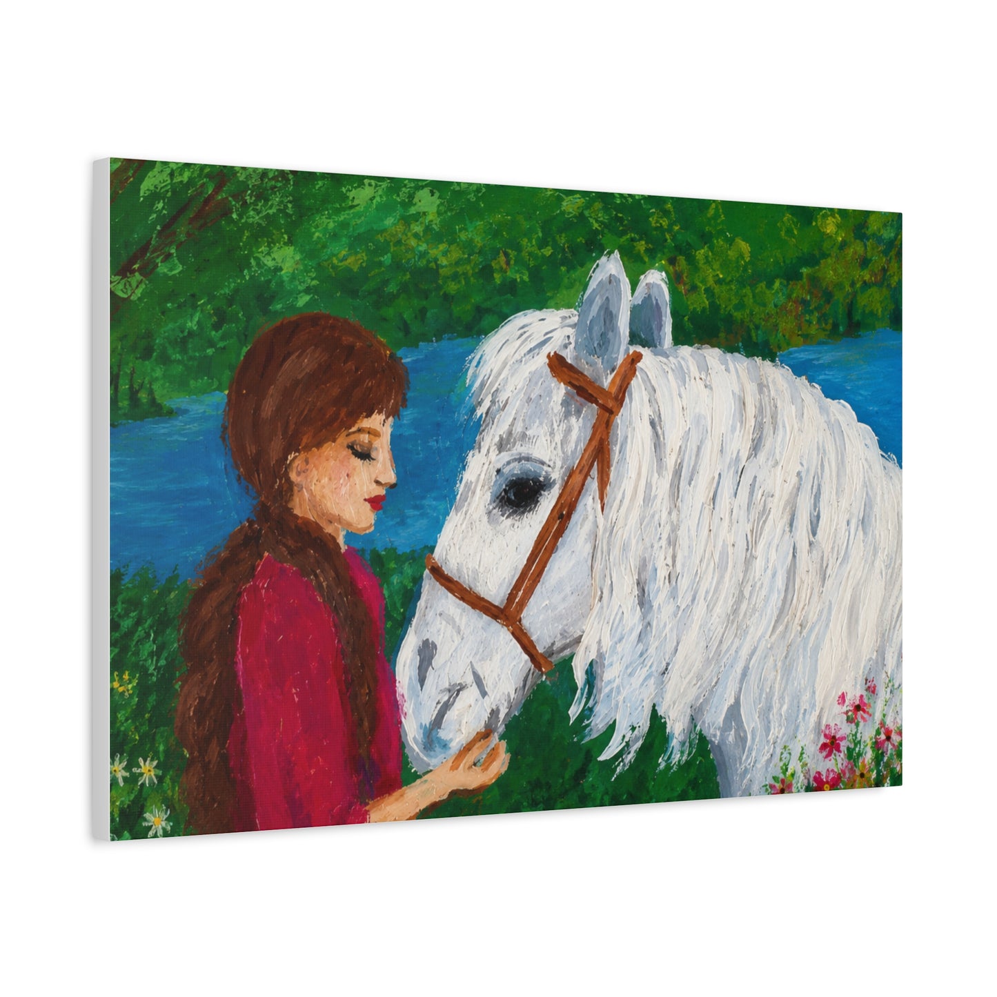 Serenity by the River — Woman with White Horse Stretched Wall Art