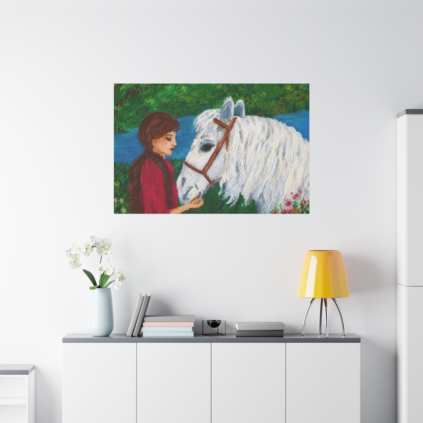 Serenity by the River — Woman with White Horse Stretched Wall Art