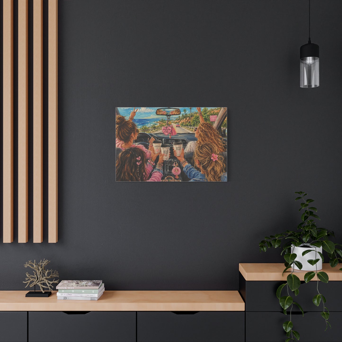 Girls' Beach Road Trip Canvas Wall Art – Colorful Acrylic Painting of Best Friends, Coffee Drive & Coastal Adventure