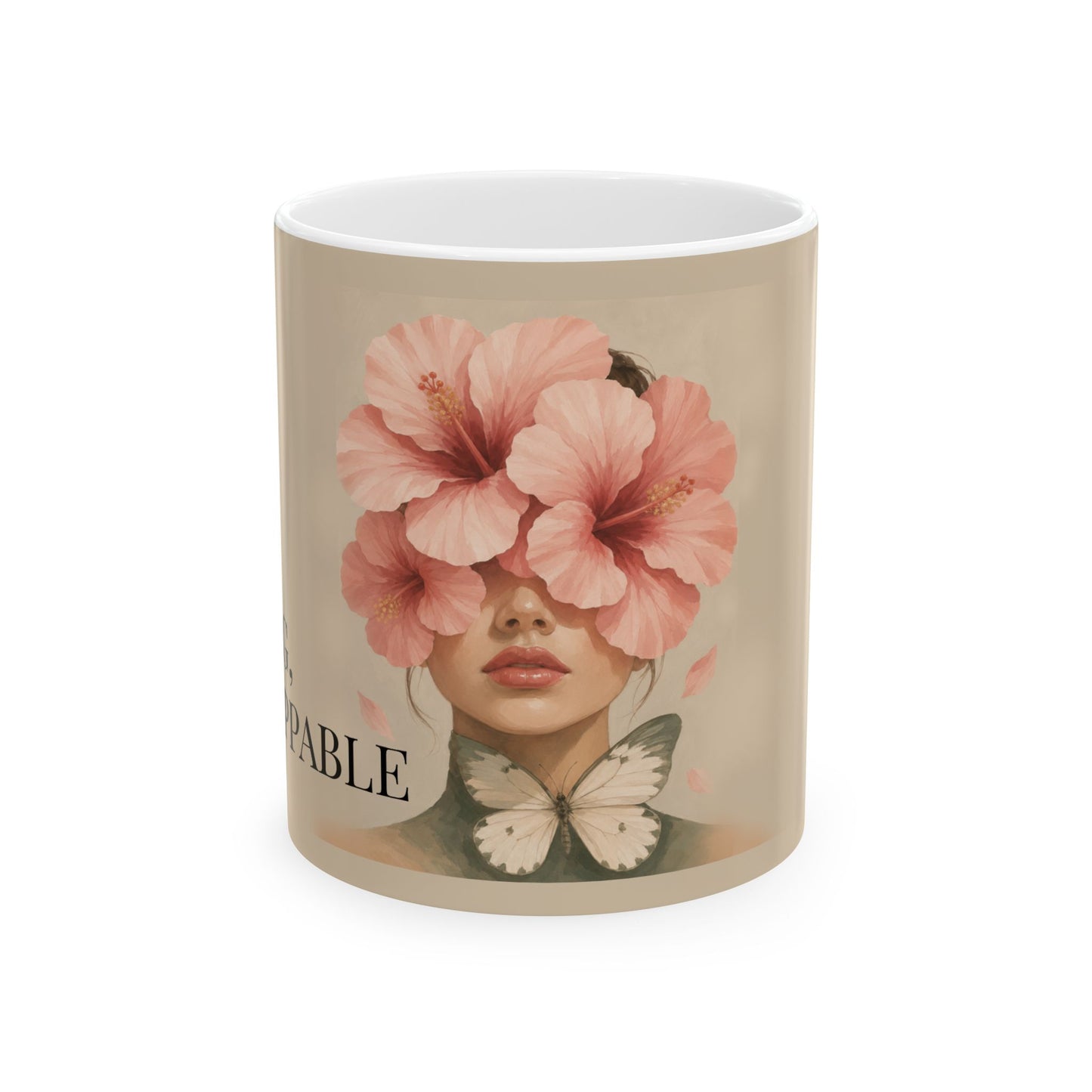 Floral Face Portrait Mug | Ceramic Coffee Mug with Pink Hibiscus and Butterflies