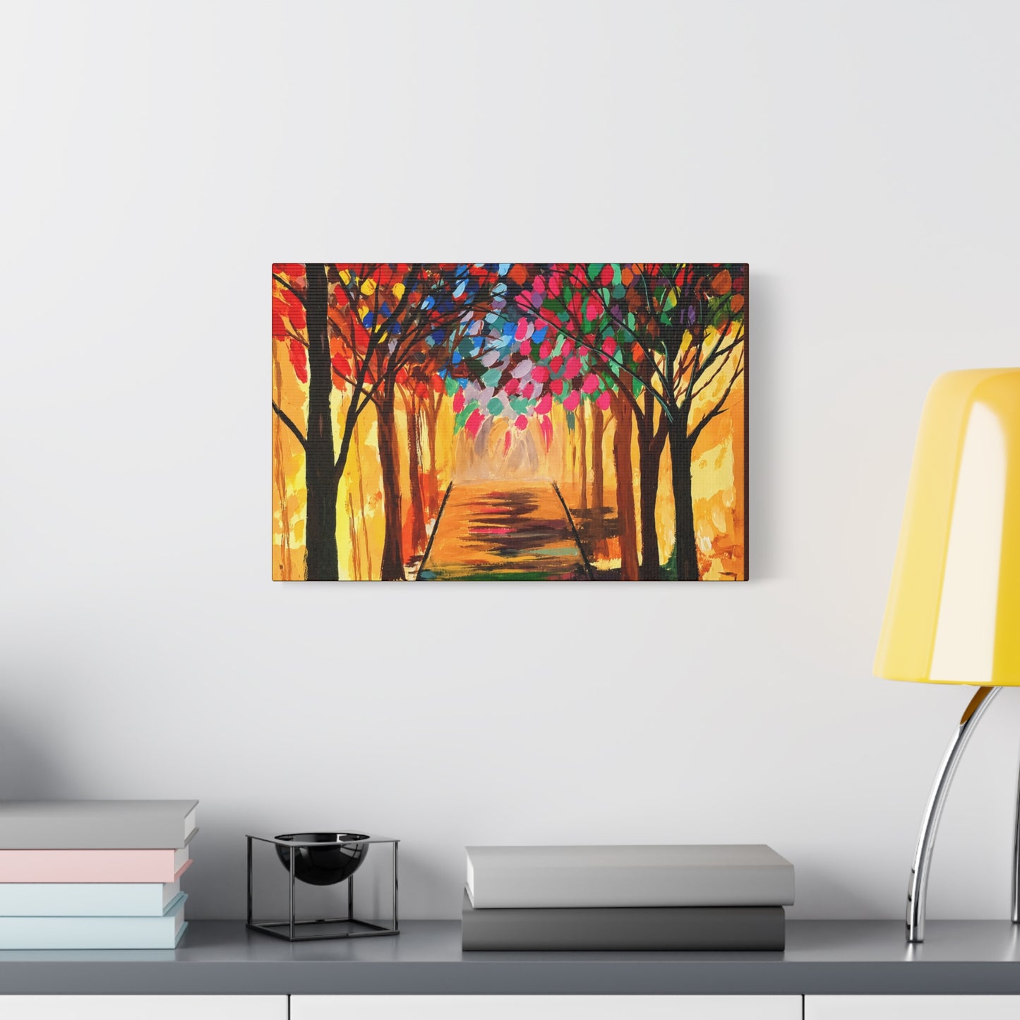 Colorful Tree Path Matte Canvas Print — Vibrant Autumn Forest Wall Art