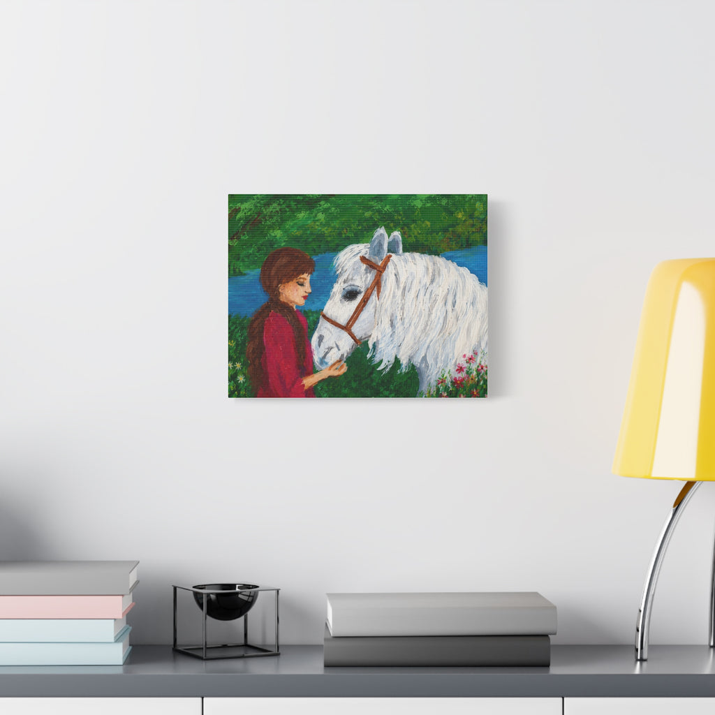 Serenity by the River — Woman with White Horse Stretched Wall Art