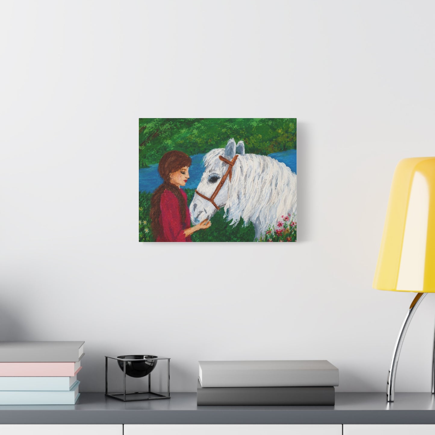 Serenity by the River — Woman with White Horse Stretched Wall Art