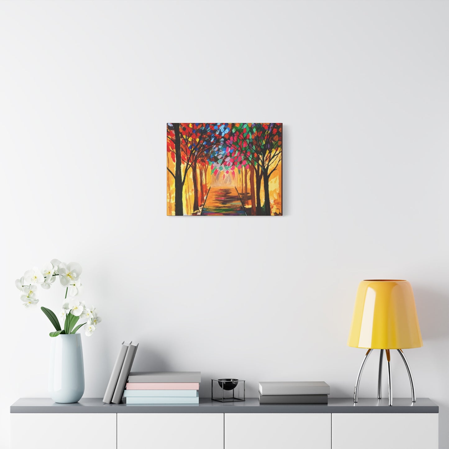 Colorful Tree Path Matte Canvas Print — Vibrant Autumn Forest Wall Art