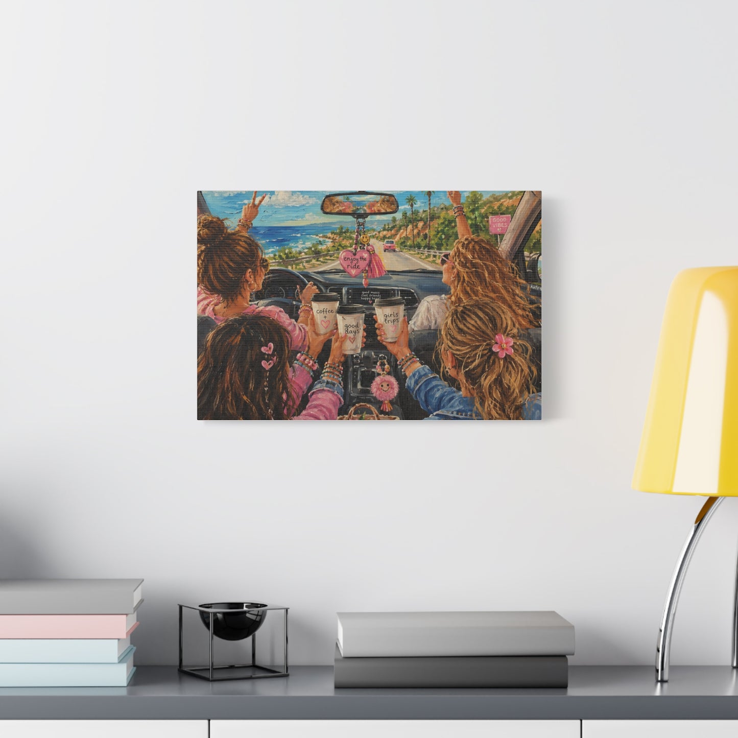 Girls' Beach Road Trip Canvas Wall Art – Colorful Acrylic Painting of Best Friends, Coffee Drive & Coastal Adventure