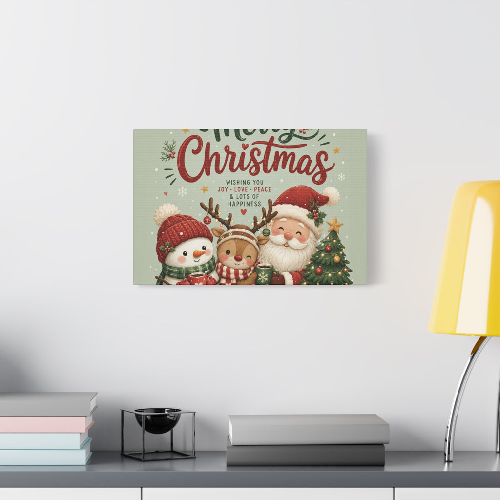 Merry Christmas Canvas Wall Art – Cute Santa, Snowman & Reindeer Holiday Print