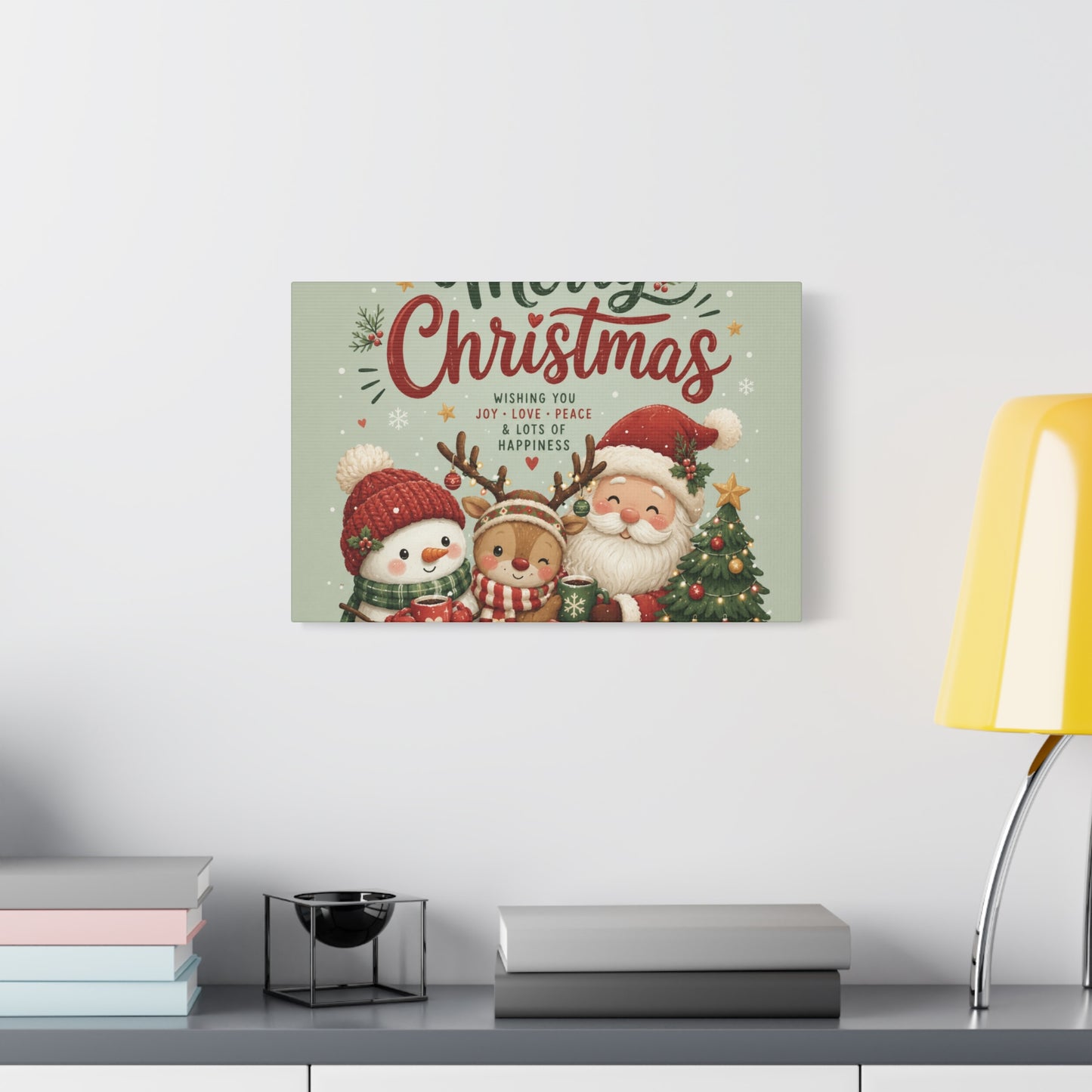 Merry Christmas Canvas Wall Art – Cute Santa, Snowman & Reindeer Holiday Print