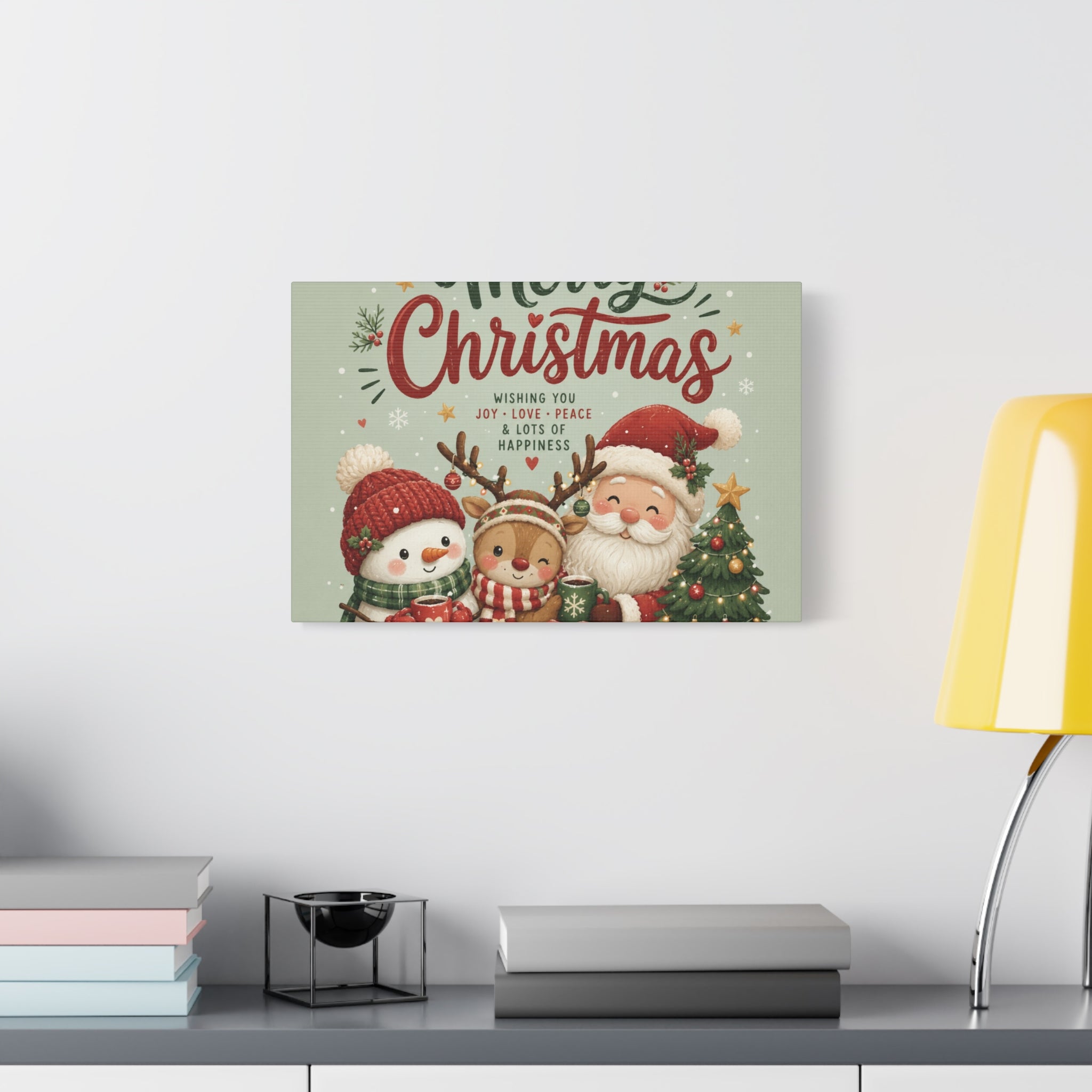 Merry Christmas Canvas Wall Art – Cute Santa, Snowman & Reindeer Holiday Print