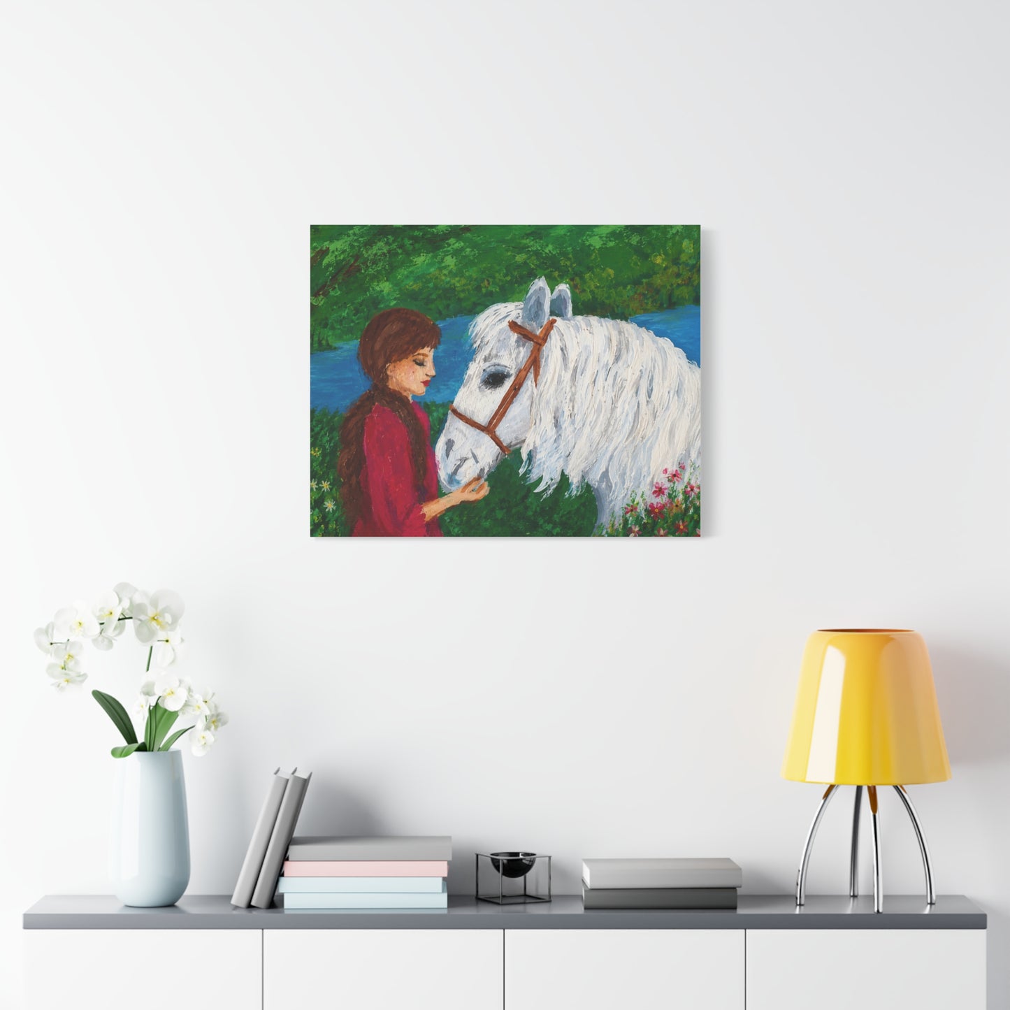 Serenity by the River — Woman with White Horse Stretched Wall Art