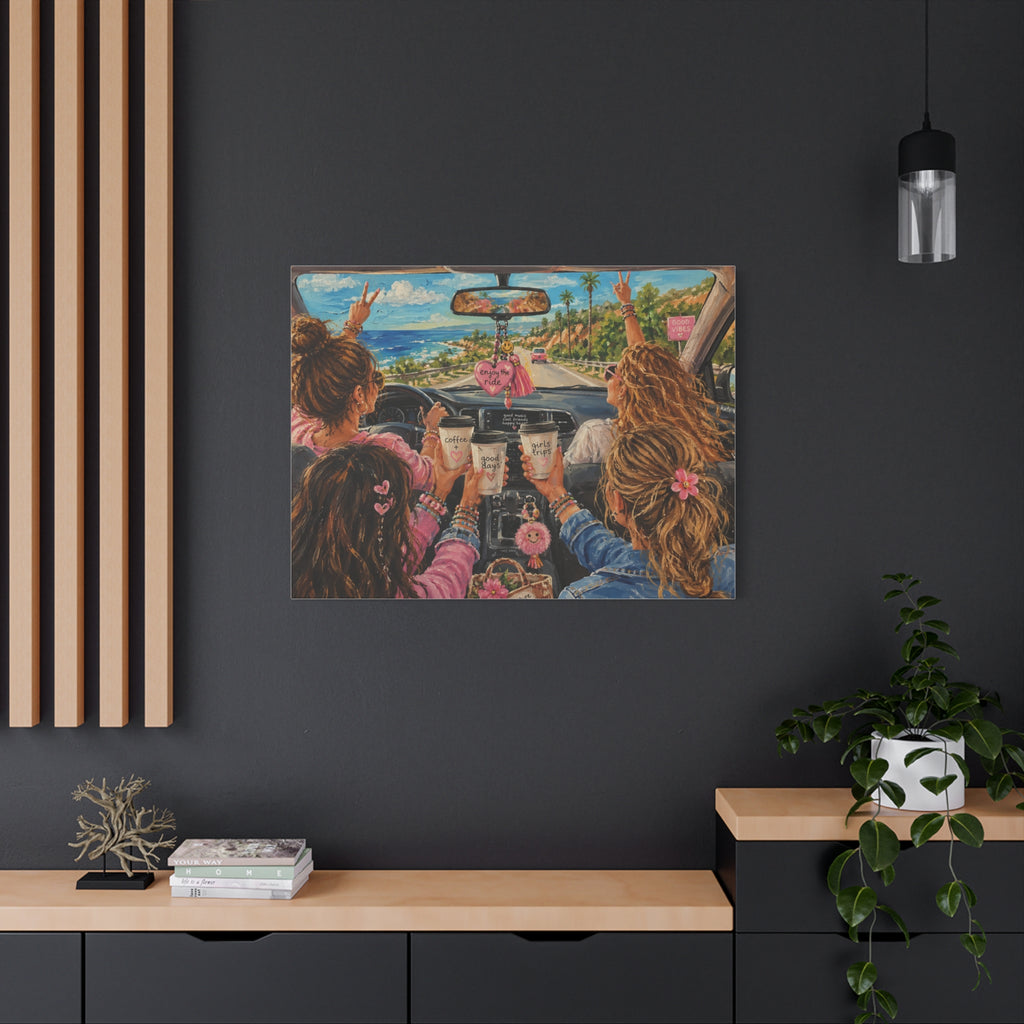 Girls' Beach Road Trip Canvas Wall Art – Colorful Acrylic Painting of Best Friends, Coffee Drive & Coastal Adventure