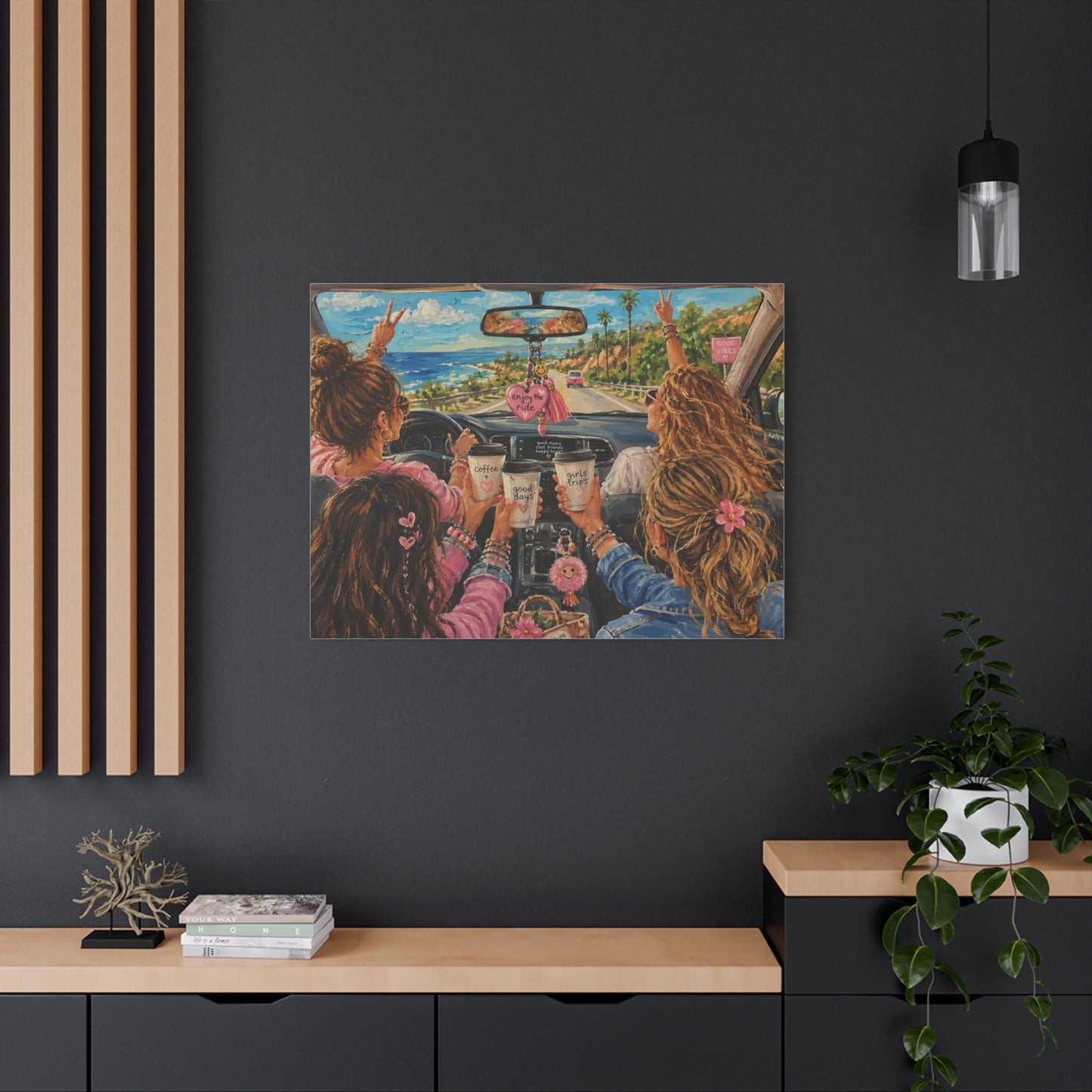 Girls' Beach Road Trip Canvas Wall Art – Colorful Acrylic Painting of Best Friends, Coffee Drive & Coastal Adventure