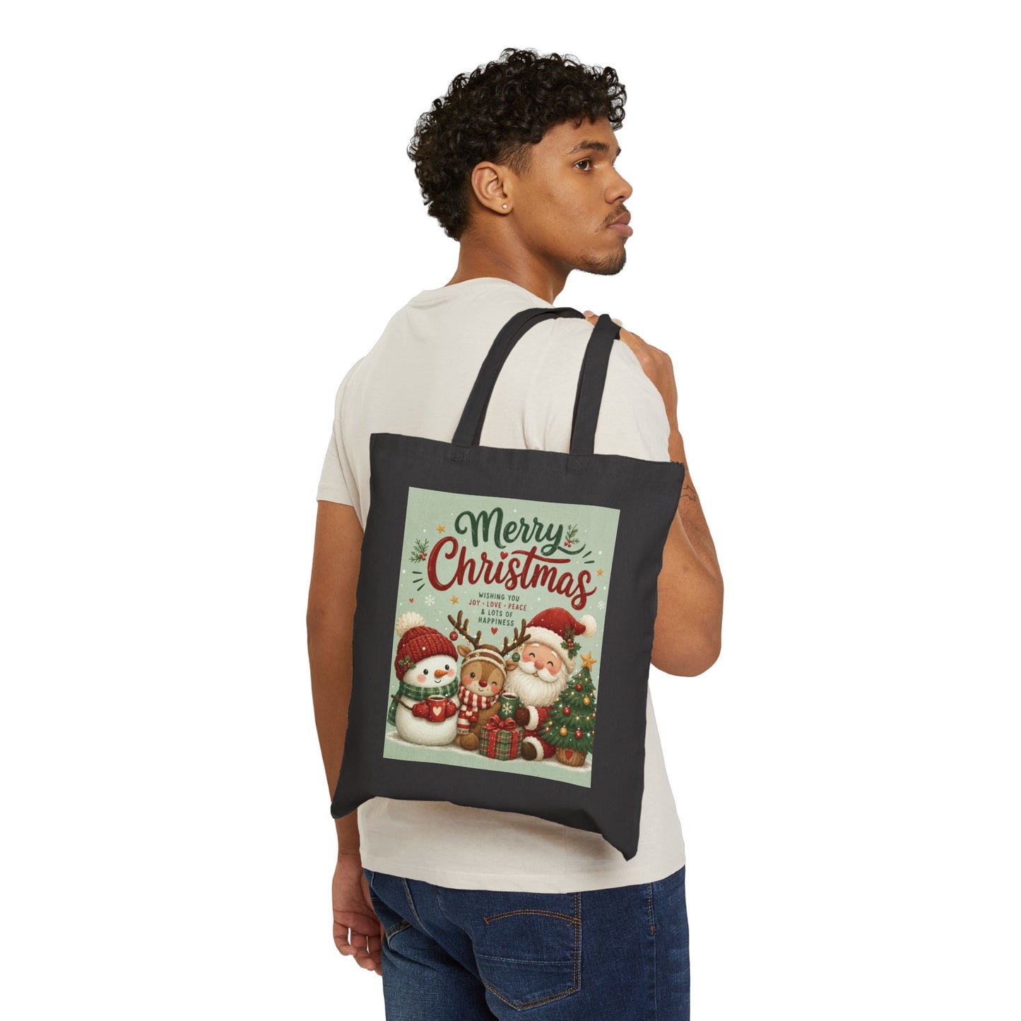 Christmas Tote Bag — 'Merry Christmas' Vintage Santa & Snowman Canvas Gift Tote