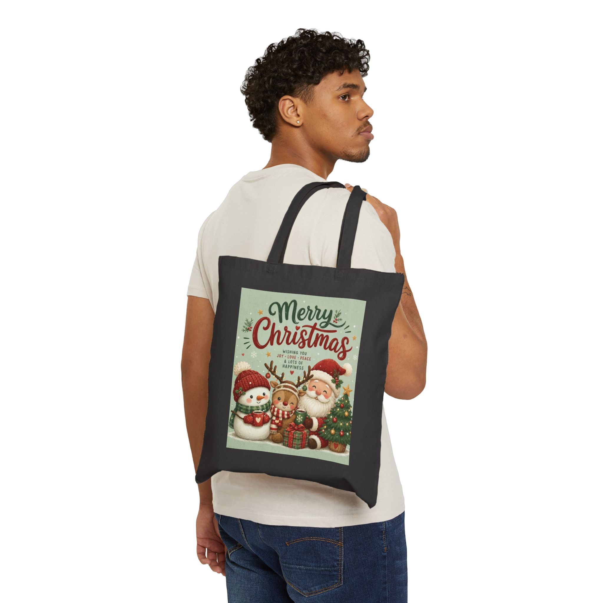 Christmas Tote Bag — 'Merry Christmas' Vintage Santa & Snowman Canvas Gift Tote