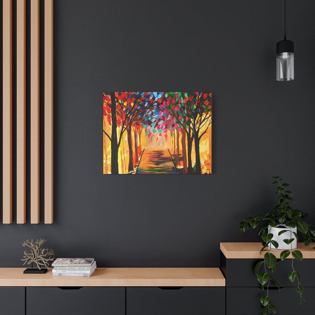 Colorful Tree Path Matte Canvas Print — Vibrant Autumn Forest Wall Art