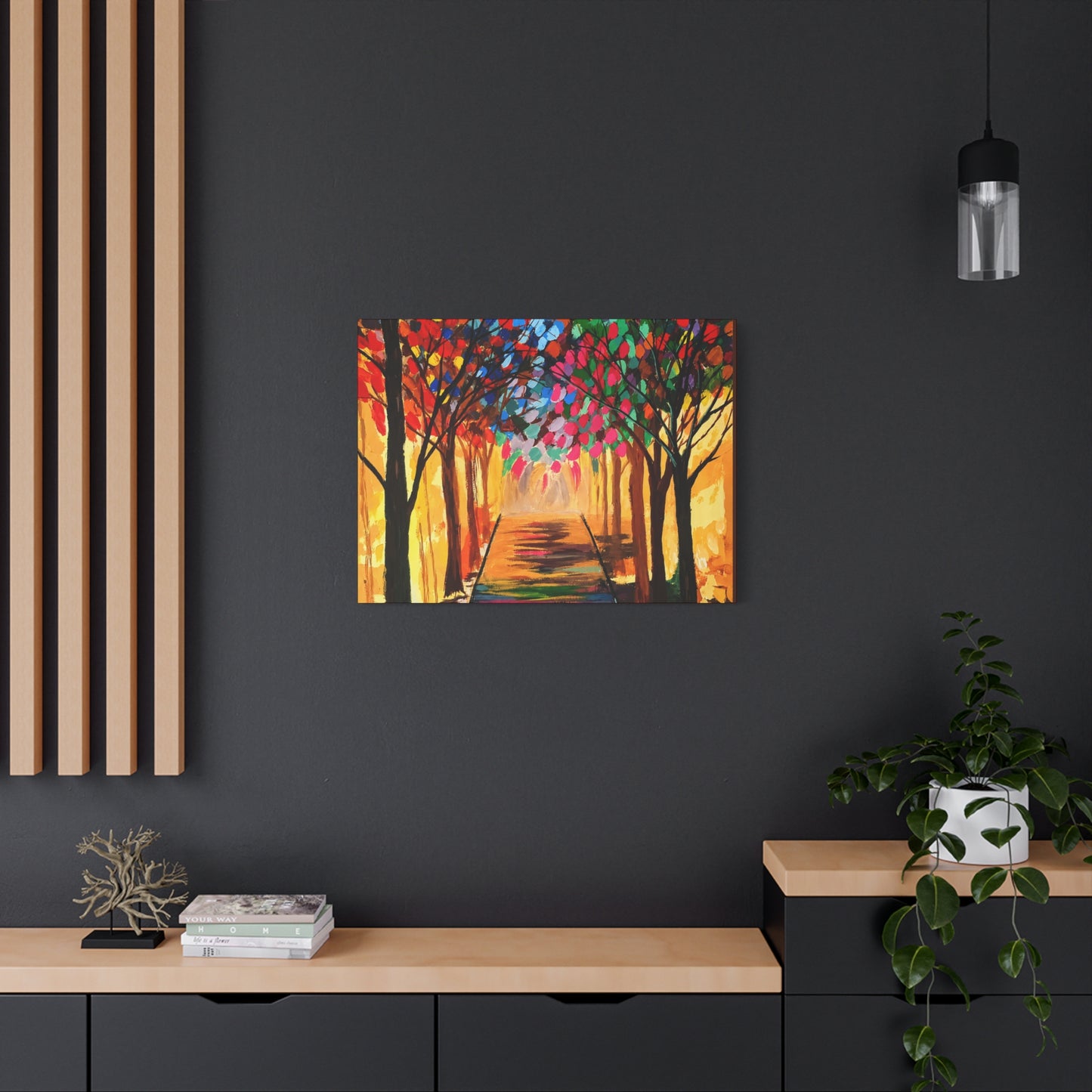 Colorful Tree Path Matte Canvas Print — Vibrant Autumn Forest Wall Art