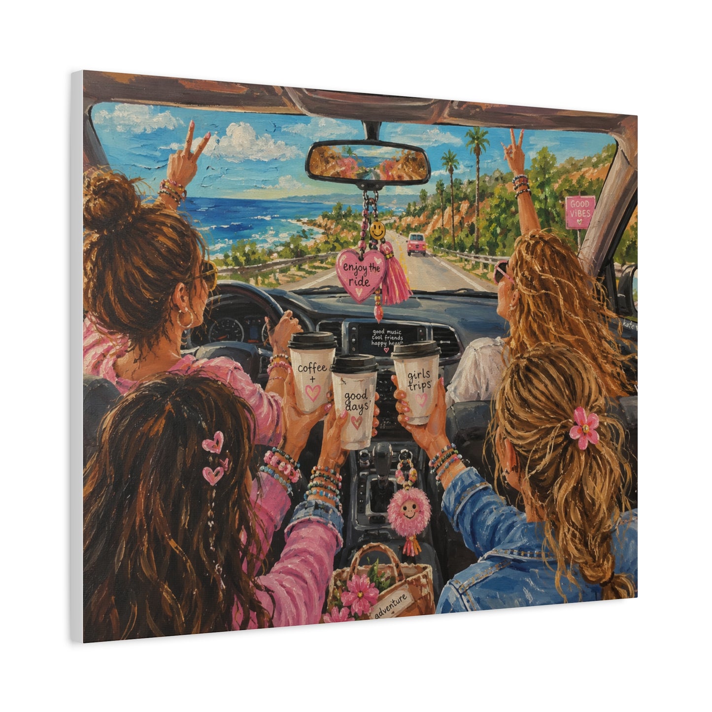 Girls' Beach Road Trip Canvas Wall Art – Colorful Acrylic Painting of Best Friends, Coffee Drive & Coastal Adventure