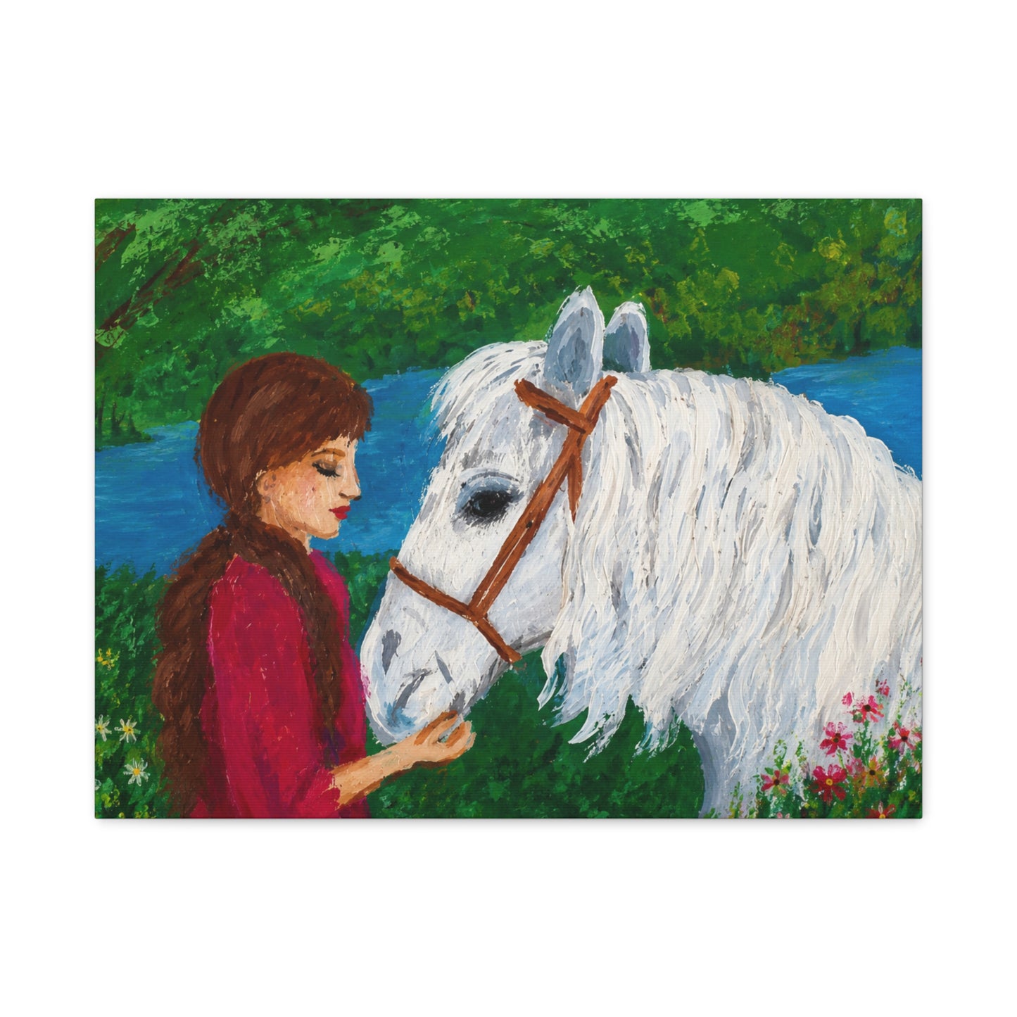 Serenity by the River — Woman with White Horse Stretched Wall Art