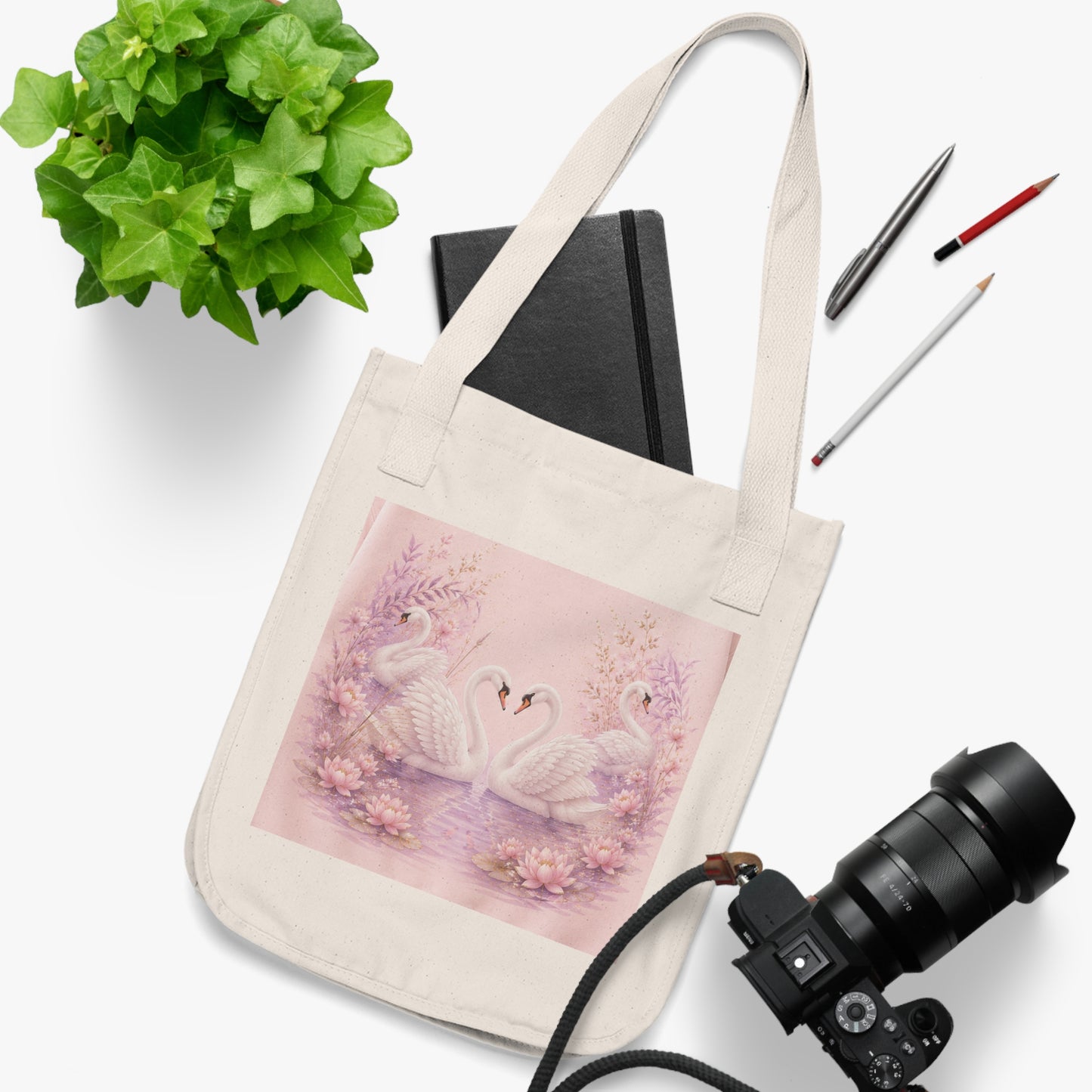 Swan Heart Organic Canvas Tote — Pastel Floral Eco-Friendly Bag