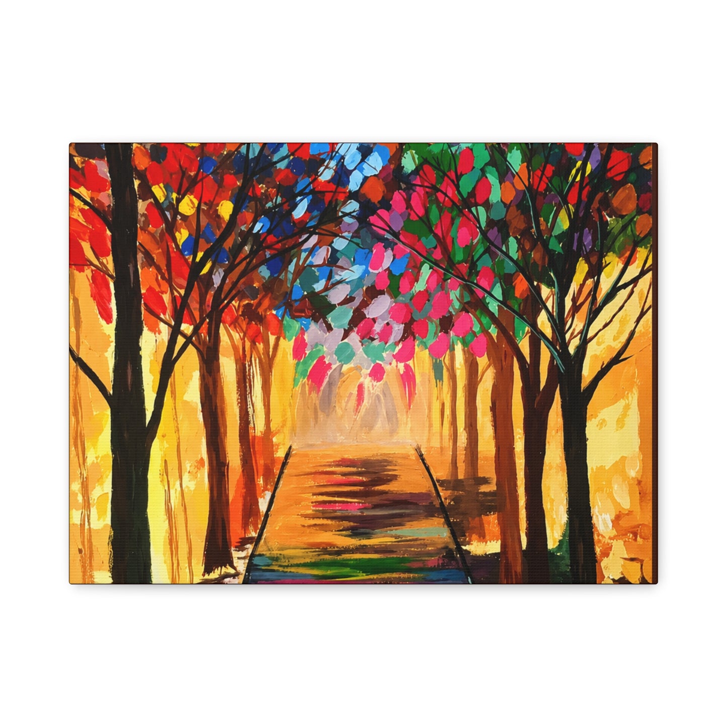 Colorful Tree Path Matte Canvas Print — Vibrant Autumn Forest Wall Art