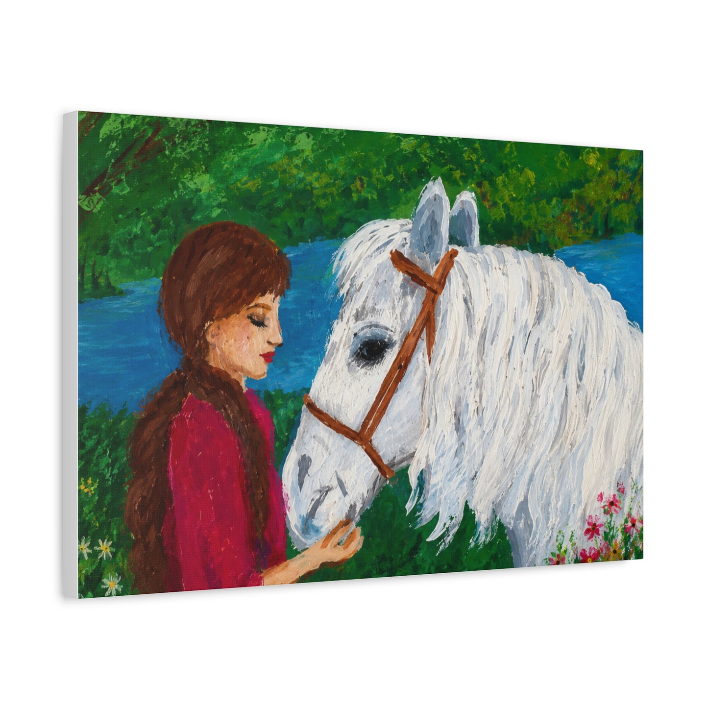 Serenity by the River — Woman with White Horse Stretched Wall Art