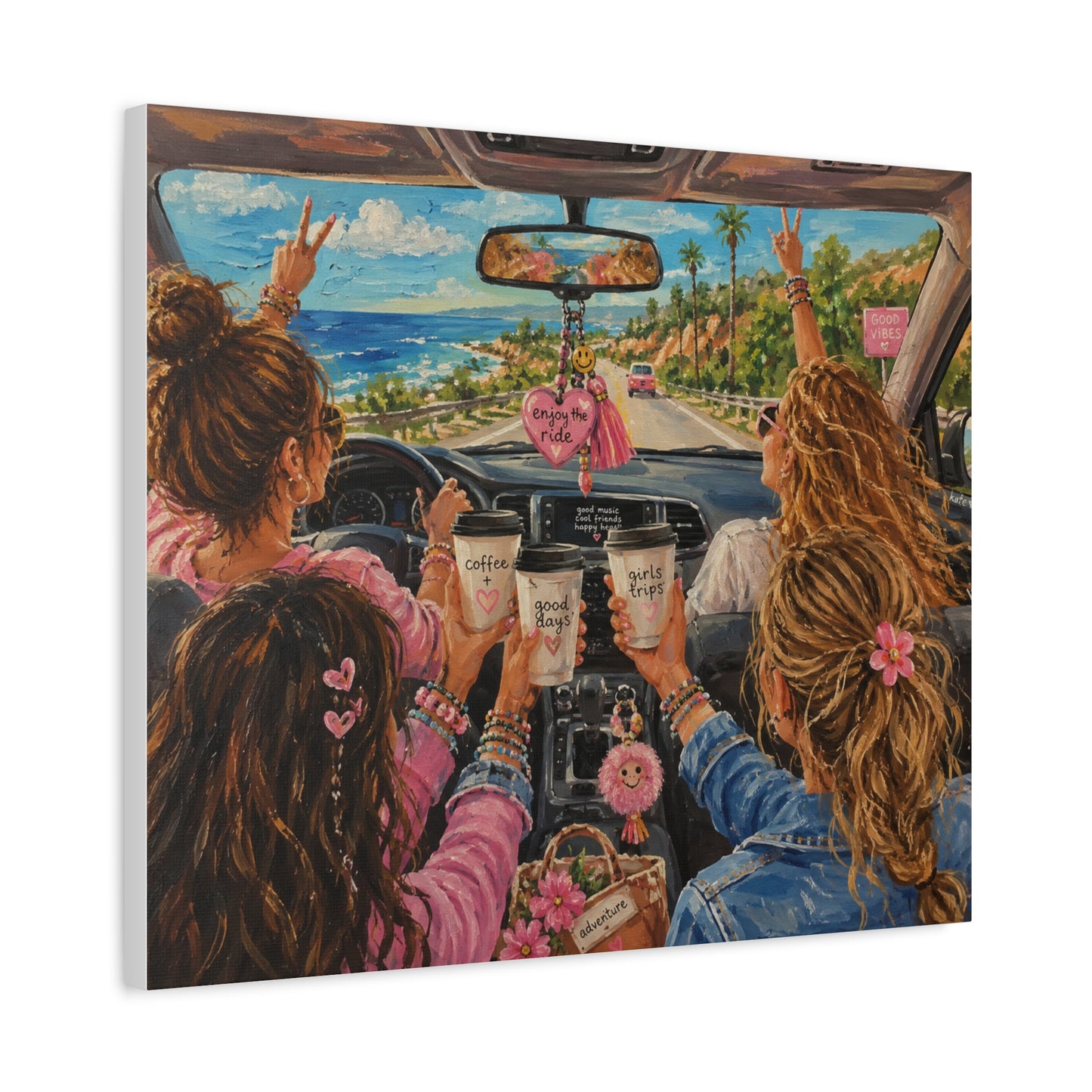 Girls' Beach Road Trip Canvas Wall Art – Colorful Acrylic Painting of Best Friends, Coffee Drive & Coastal Adventure