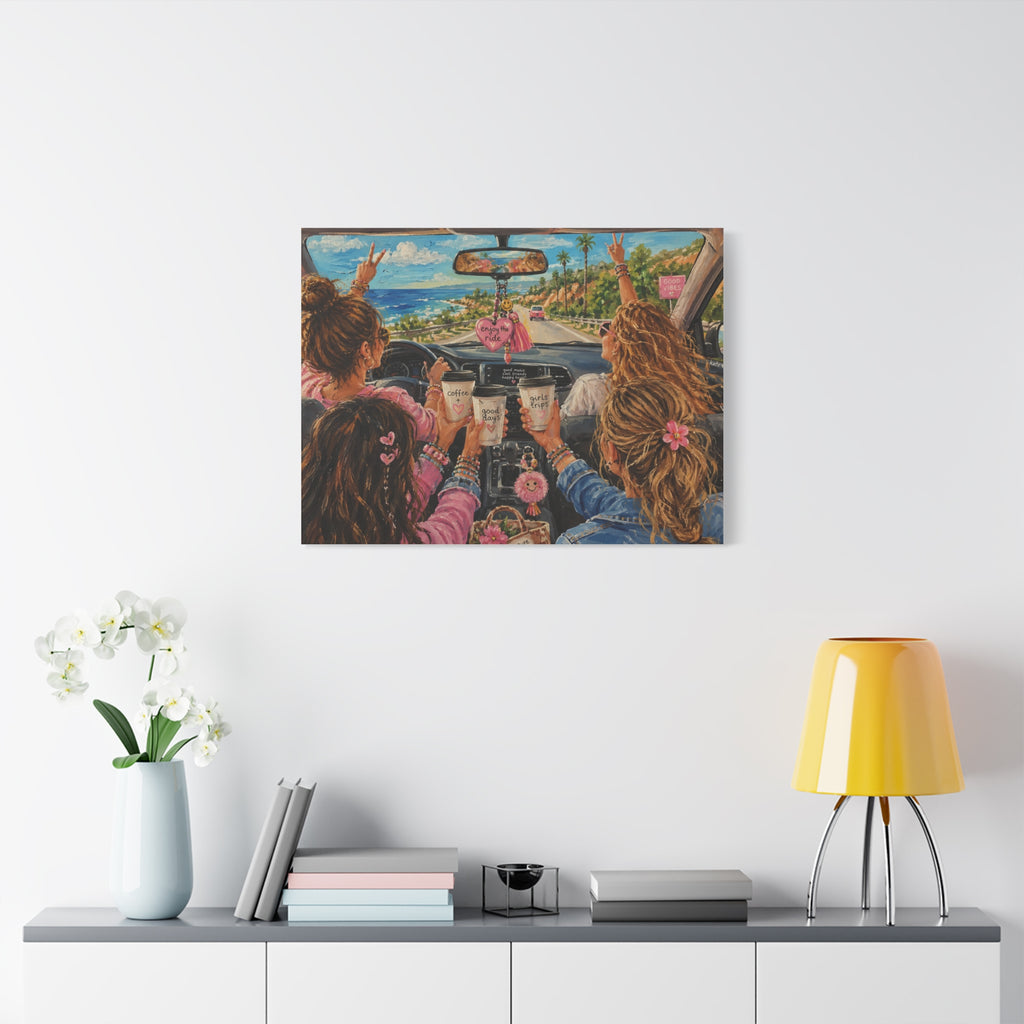 Girls' Beach Road Trip Canvas Wall Art – Colorful Acrylic Painting of Best Friends, Coffee Drive & Coastal Adventure