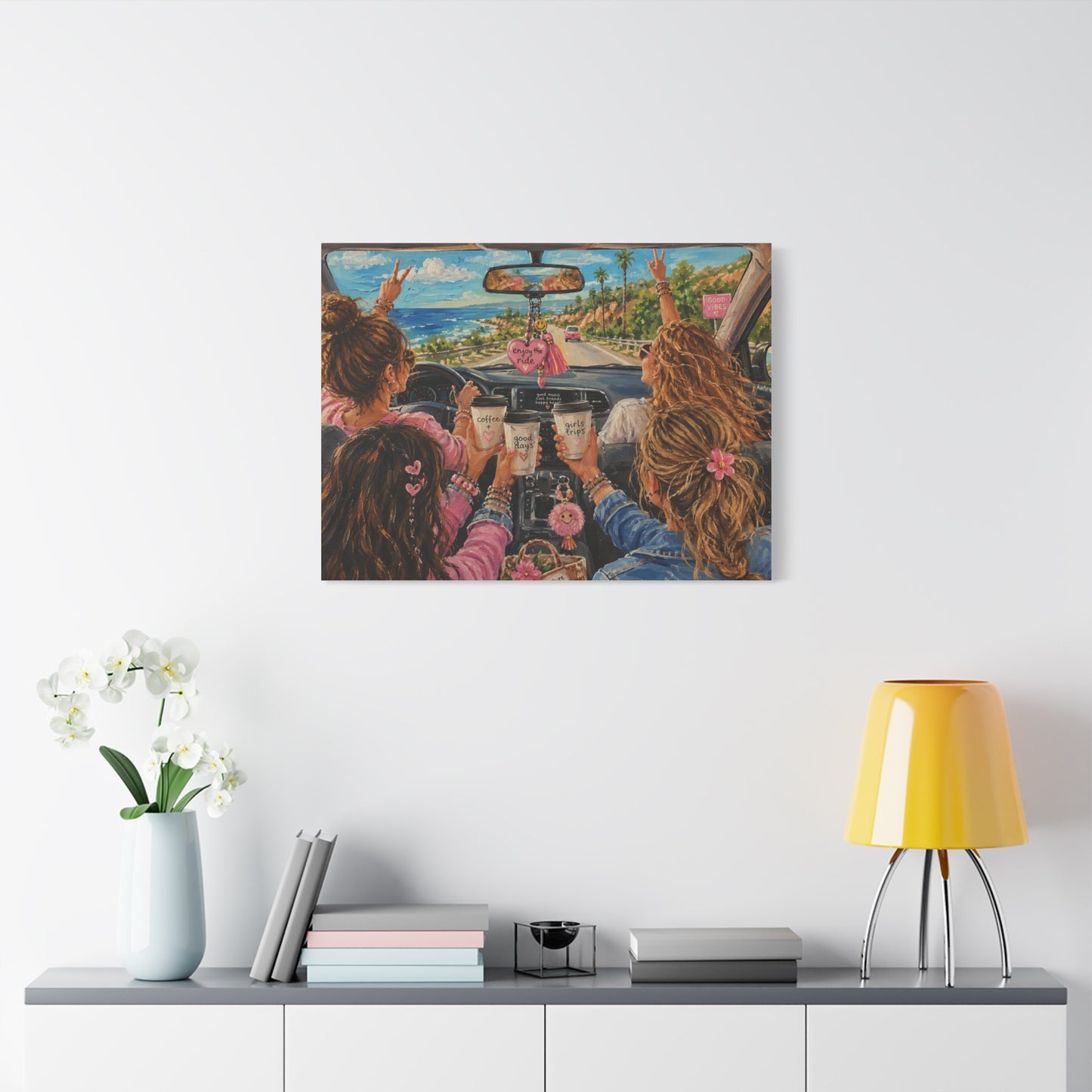 Girls' Beach Road Trip Canvas Wall Art – Colorful Acrylic Painting of Best Friends, Coffee Drive & Coastal Adventure