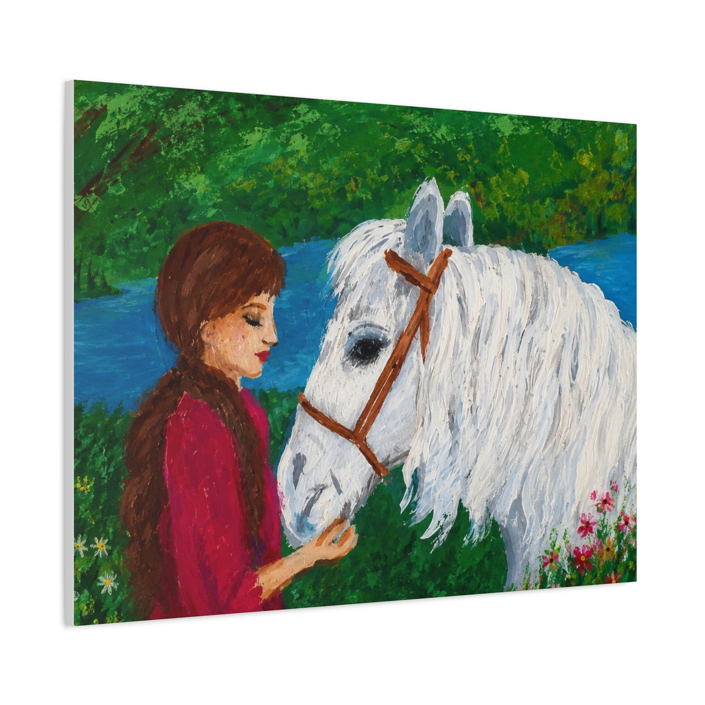 Serenity by the River — Woman with White Horse Stretched Wall Art