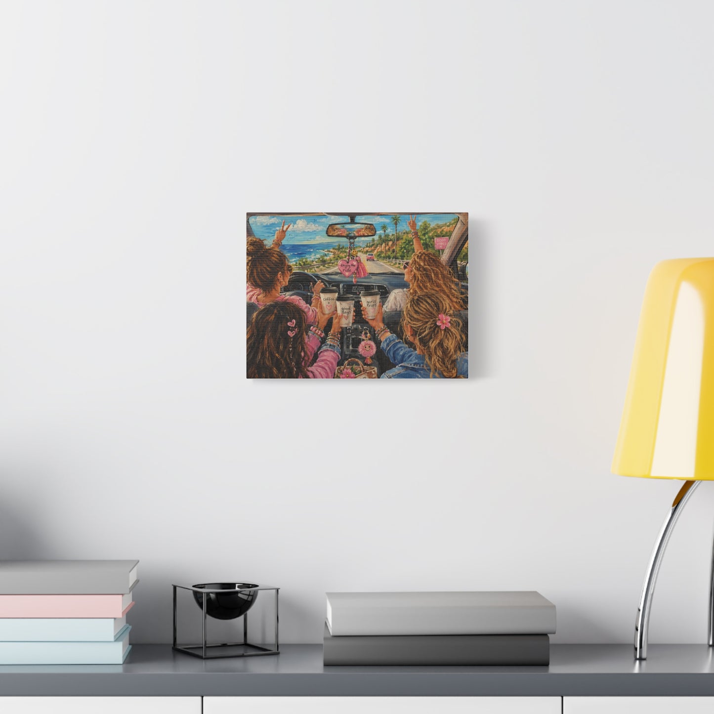 Girls' Beach Road Trip Canvas Wall Art – Colorful Acrylic Painting of Best Friends, Coffee Drive & Coastal Adventure