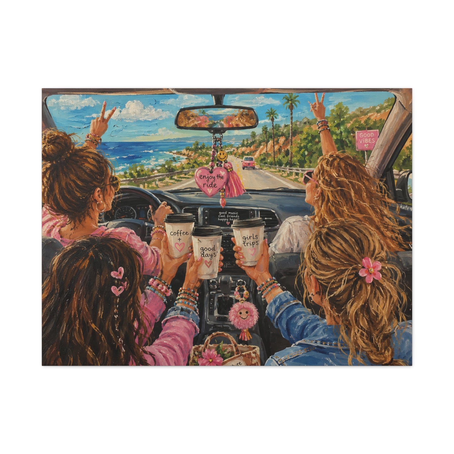 Girls' Beach Road Trip Canvas Wall Art – Colorful Acrylic Painting of Best Friends, Coffee Drive & Coastal Adventure
