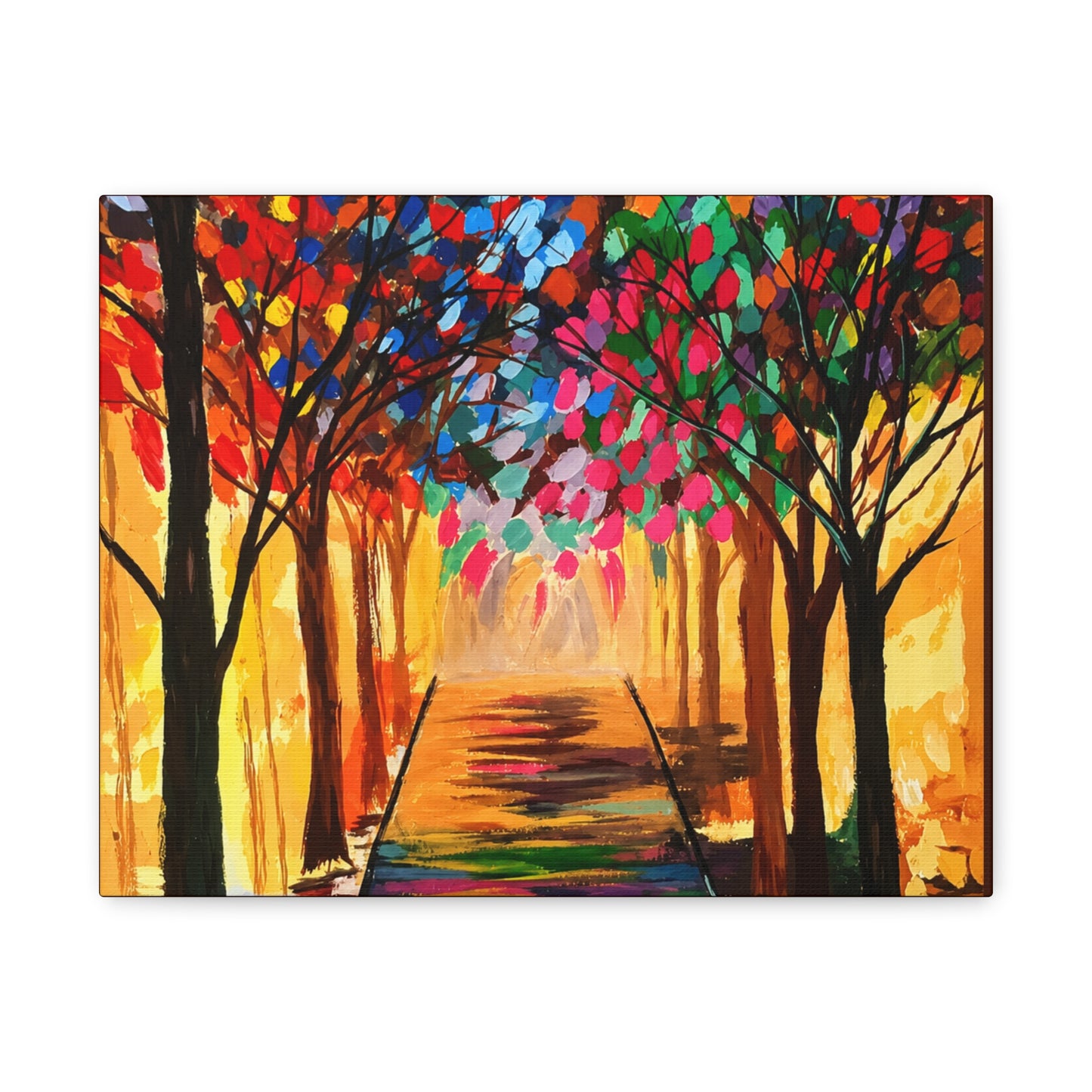 Colorful Tree Path Matte Canvas Print — Vibrant Autumn Forest Wall Art