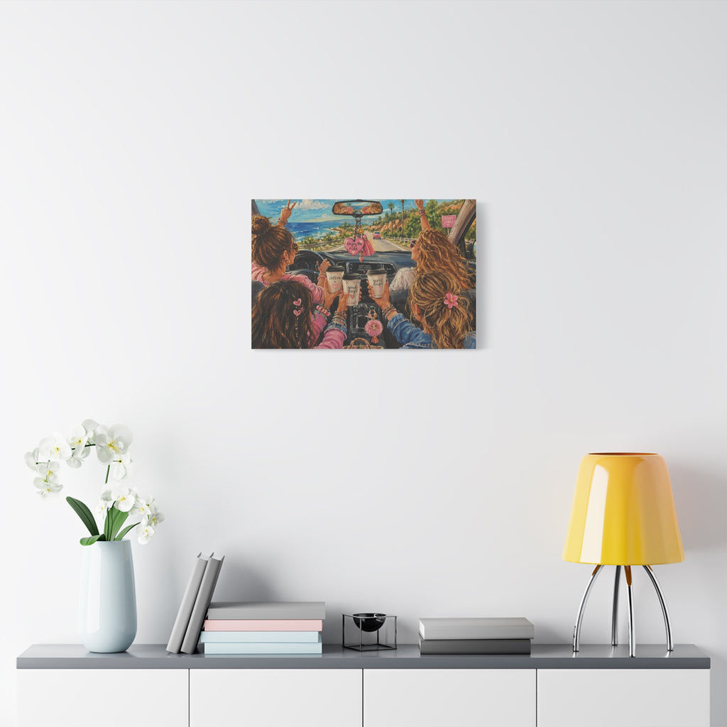 Girls' Beach Road Trip Canvas Wall Art – Colorful Acrylic Painting of Best Friends, Coffee Drive & Coastal Adventure