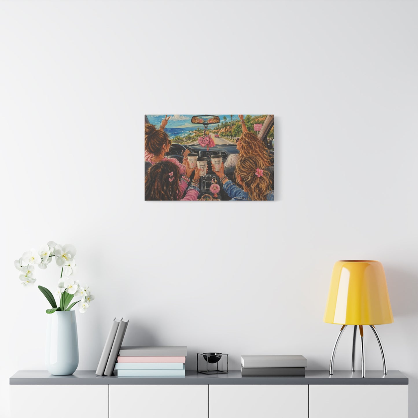 Girls' Beach Road Trip Canvas Wall Art – Colorful Acrylic Painting of Best Friends, Coffee Drive & Coastal Adventure