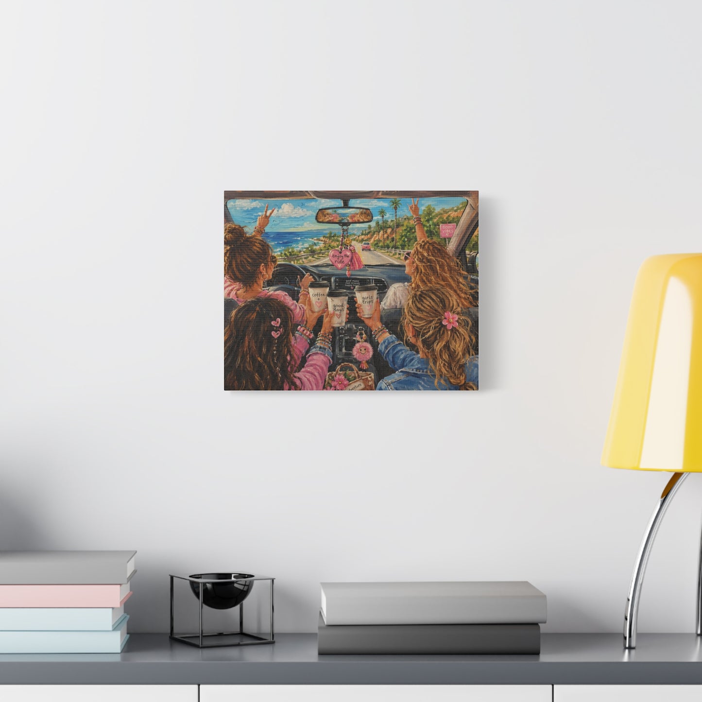 Girls' Beach Road Trip Canvas Wall Art – Colorful Acrylic Painting of Best Friends, Coffee Drive & Coastal Adventure