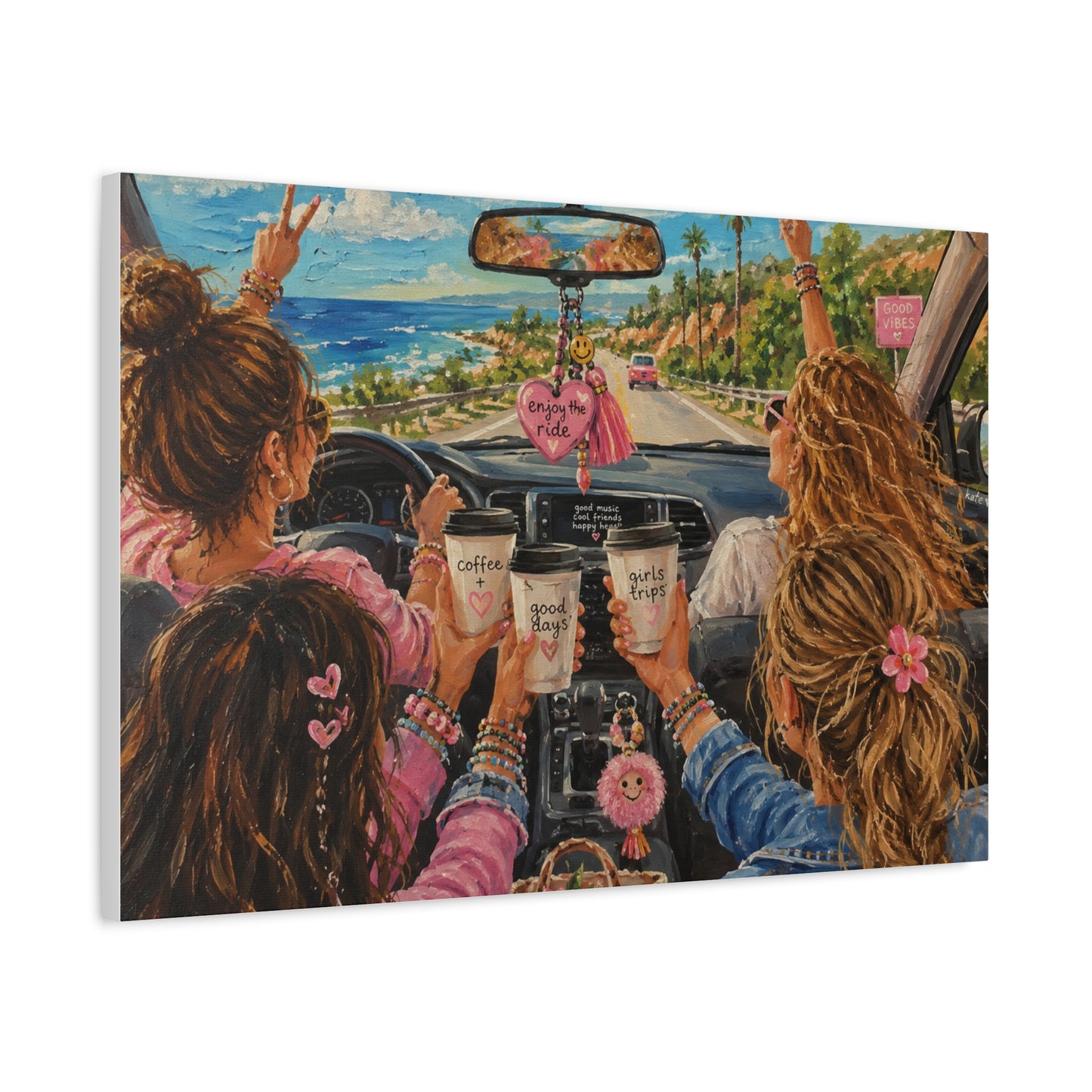 Girls' Beach Road Trip Canvas Wall Art – Colorful Acrylic Painting of Best Friends, Coffee Drive & Coastal Adventure