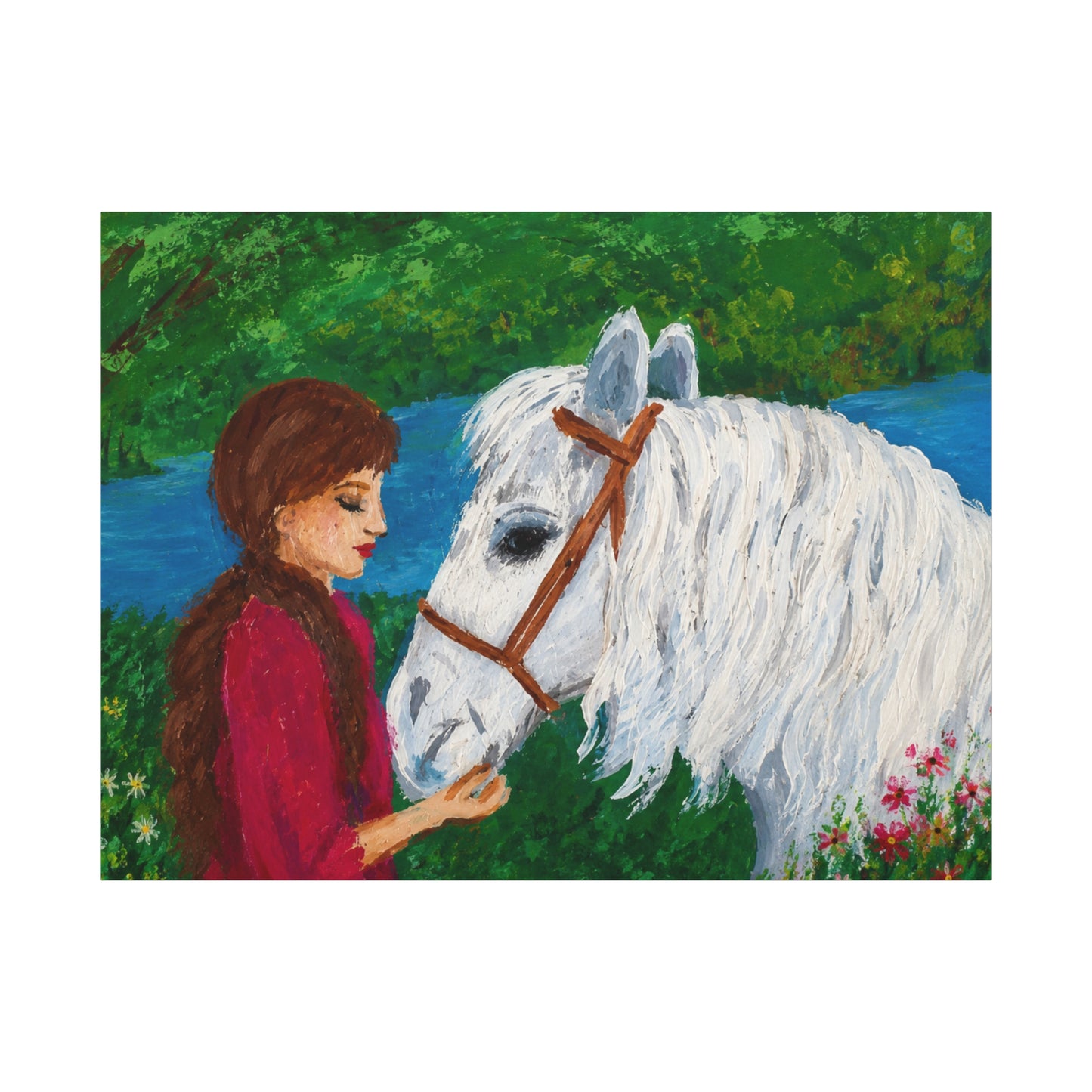Serenity by the River — Woman with White Horse Stretched Wall Art