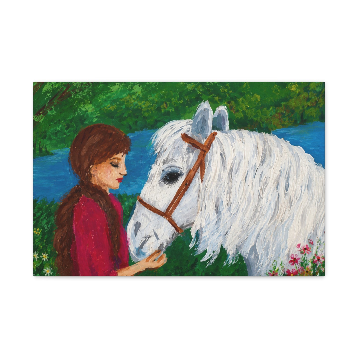 Serenity by the River — Woman with White Horse Stretched Wall Art