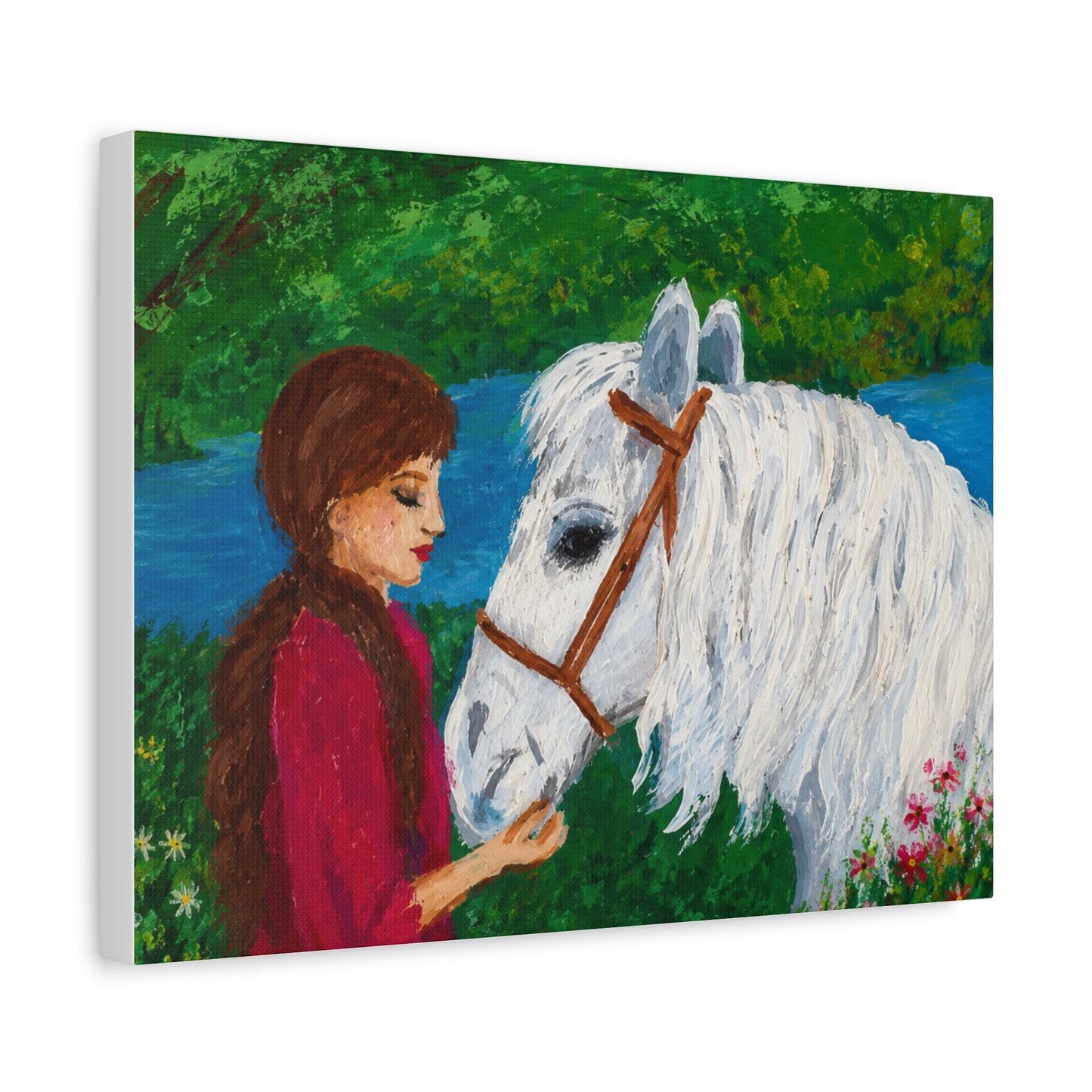 Serenity by the River — Woman with White Horse Stretched Wall Art