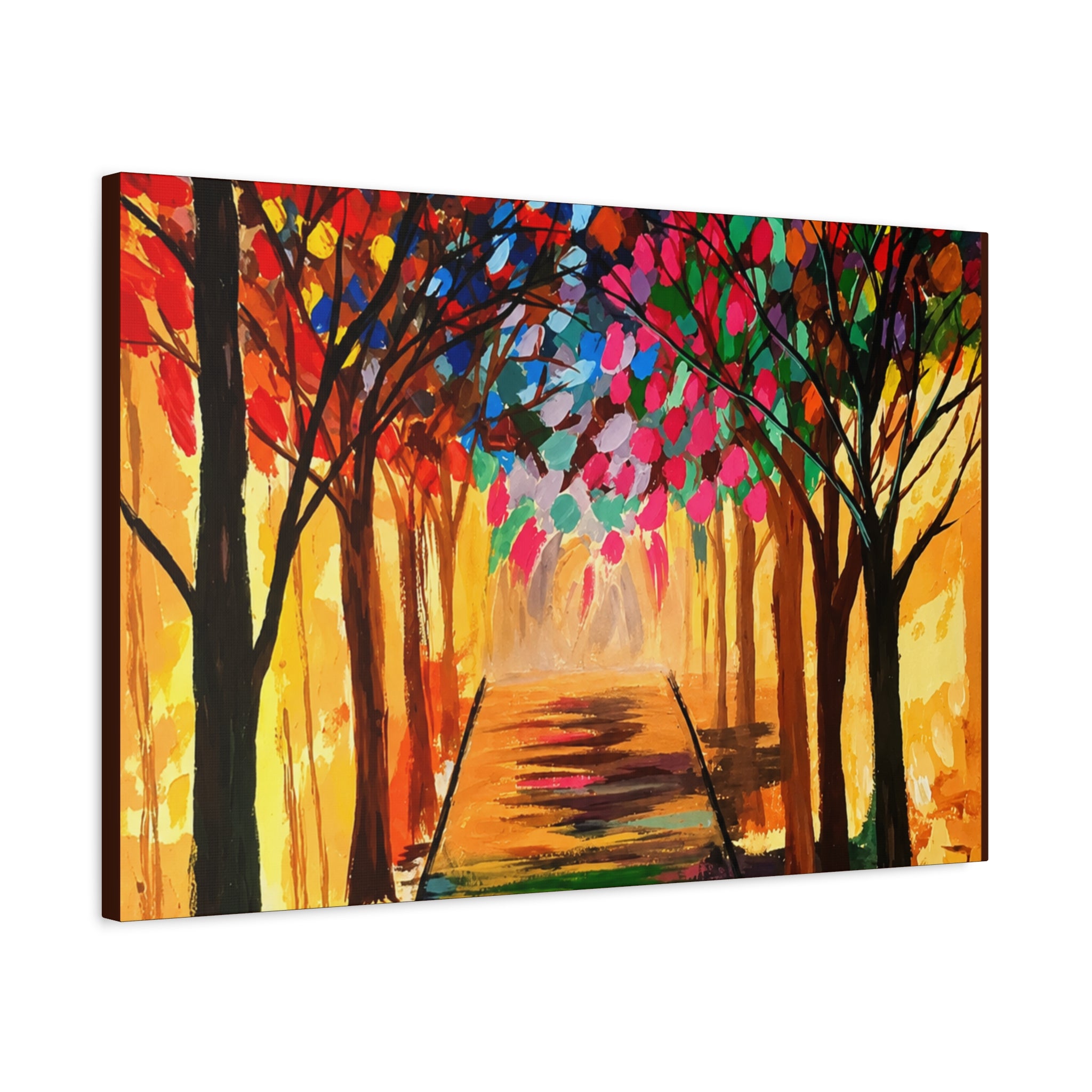 Colorful Tree Path Matte Canvas Print — Vibrant Autumn Forest Wall Art