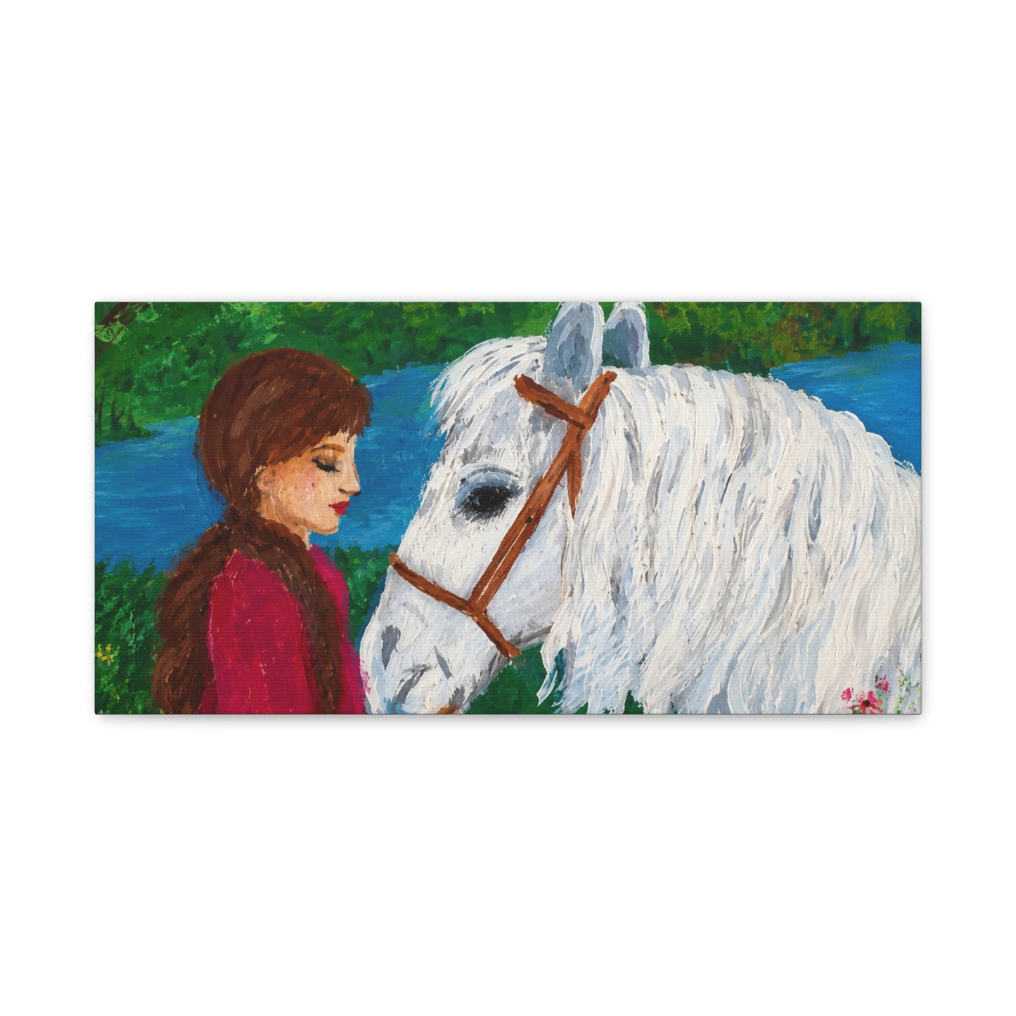Serenity by the River — Woman with White Horse Stretched Wall Art