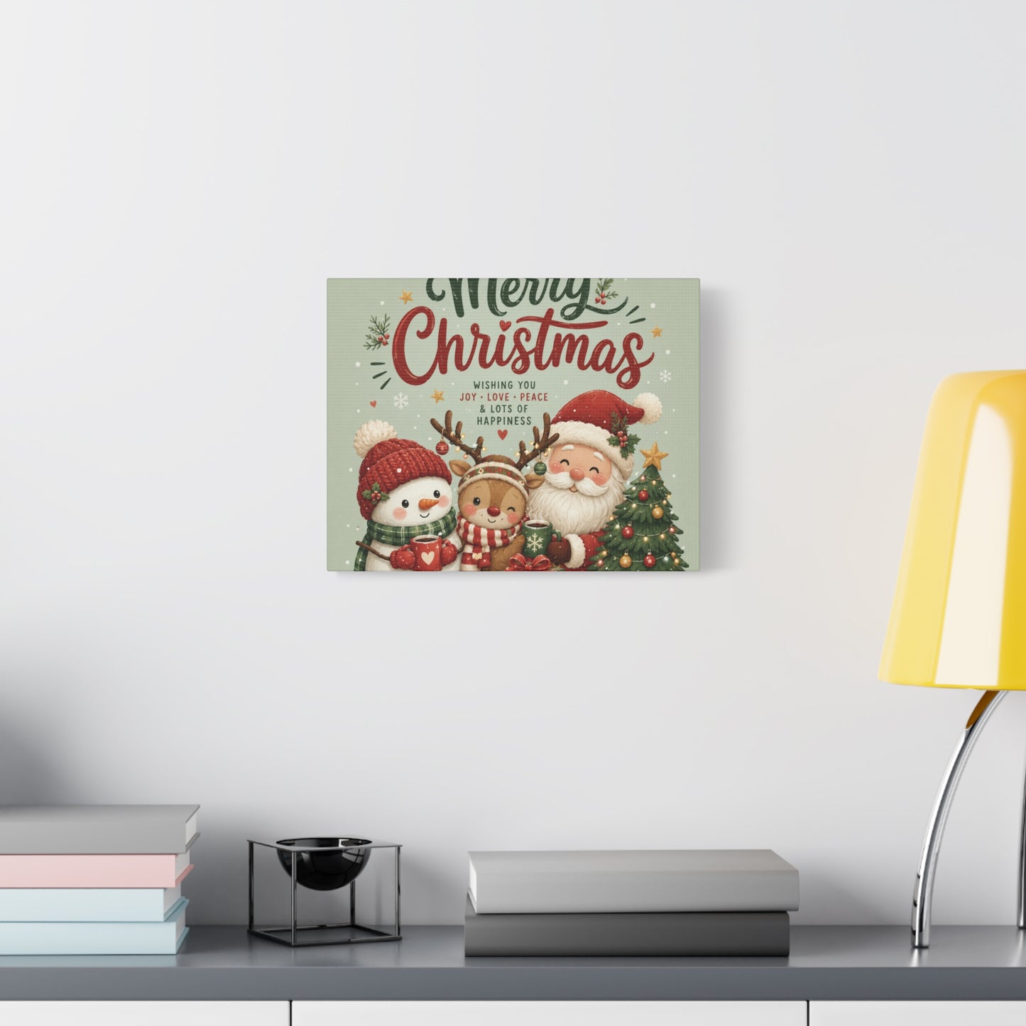 Merry Christmas Canvas Wall Art – Cute Santa, Snowman & Reindeer Holiday Print