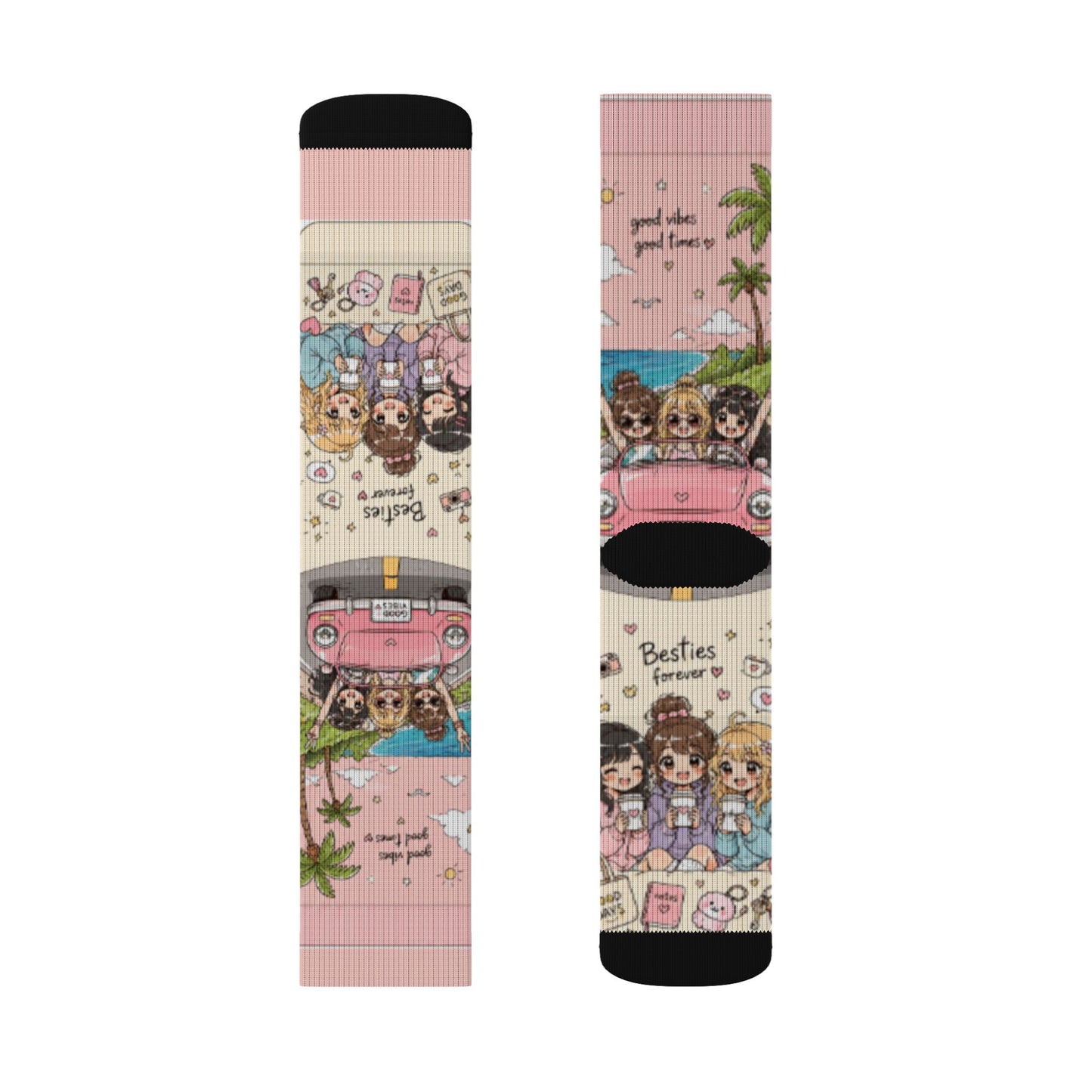 Kawaii Anime Best Friends Crew Socks – Cute Coffee & Road Trip Aesthetic Socks