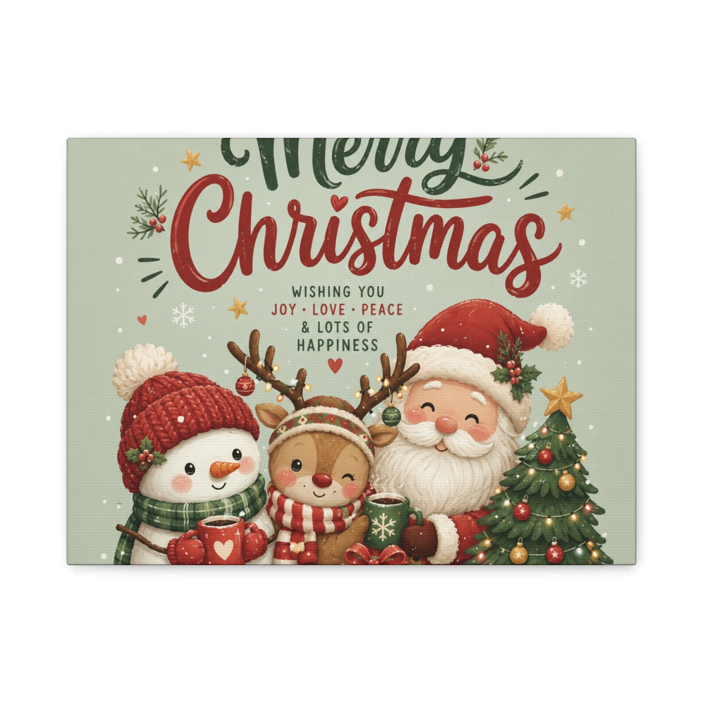 Merry Christmas Canvas Wall Art – Cute Santa, Snowman & Reindeer Holiday Print