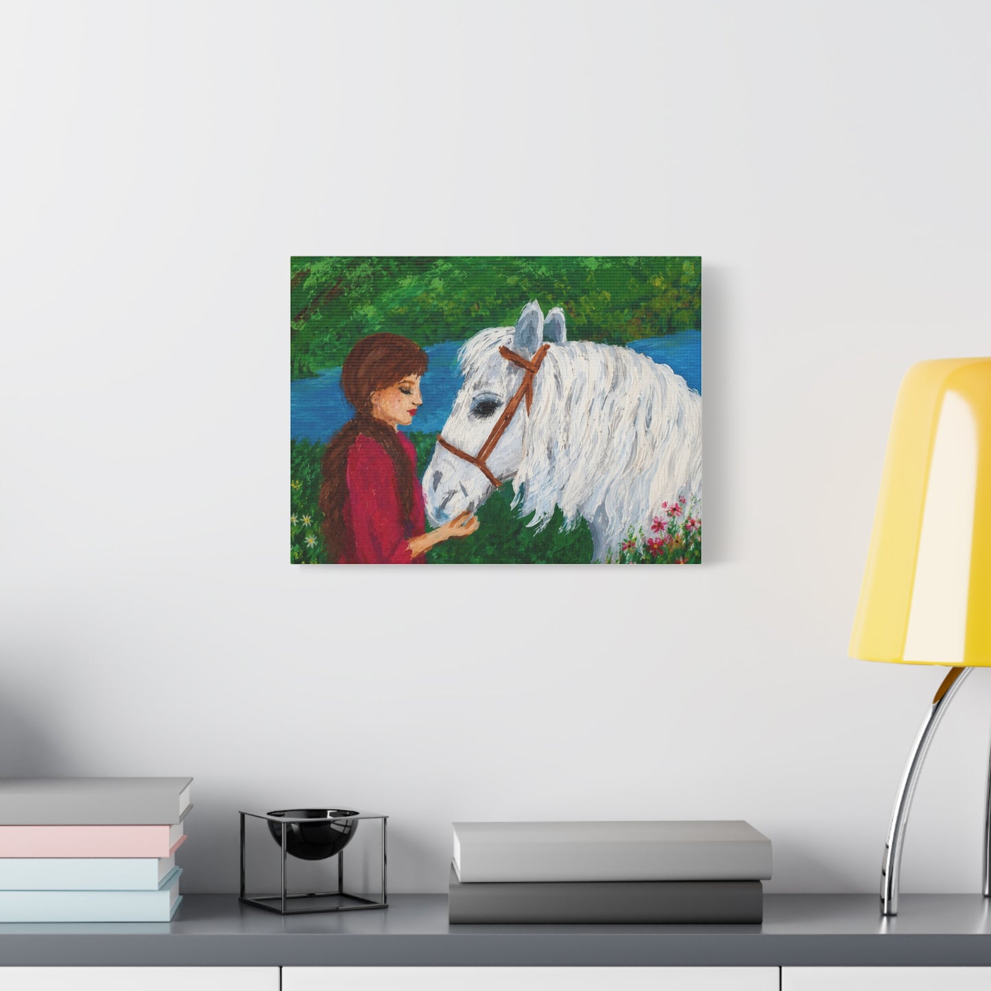 Serenity by the River — Woman with White Horse Stretched Wall Art